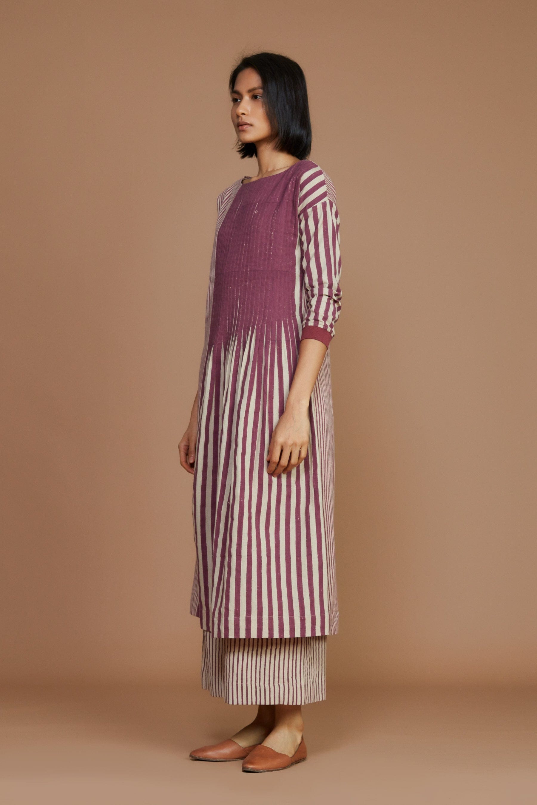 Handmade from Handwoven Organic Cotton, Striped Pleated Mauve Coord Set for Women by Sustainable Fashion Designer Clothing Label MATI
