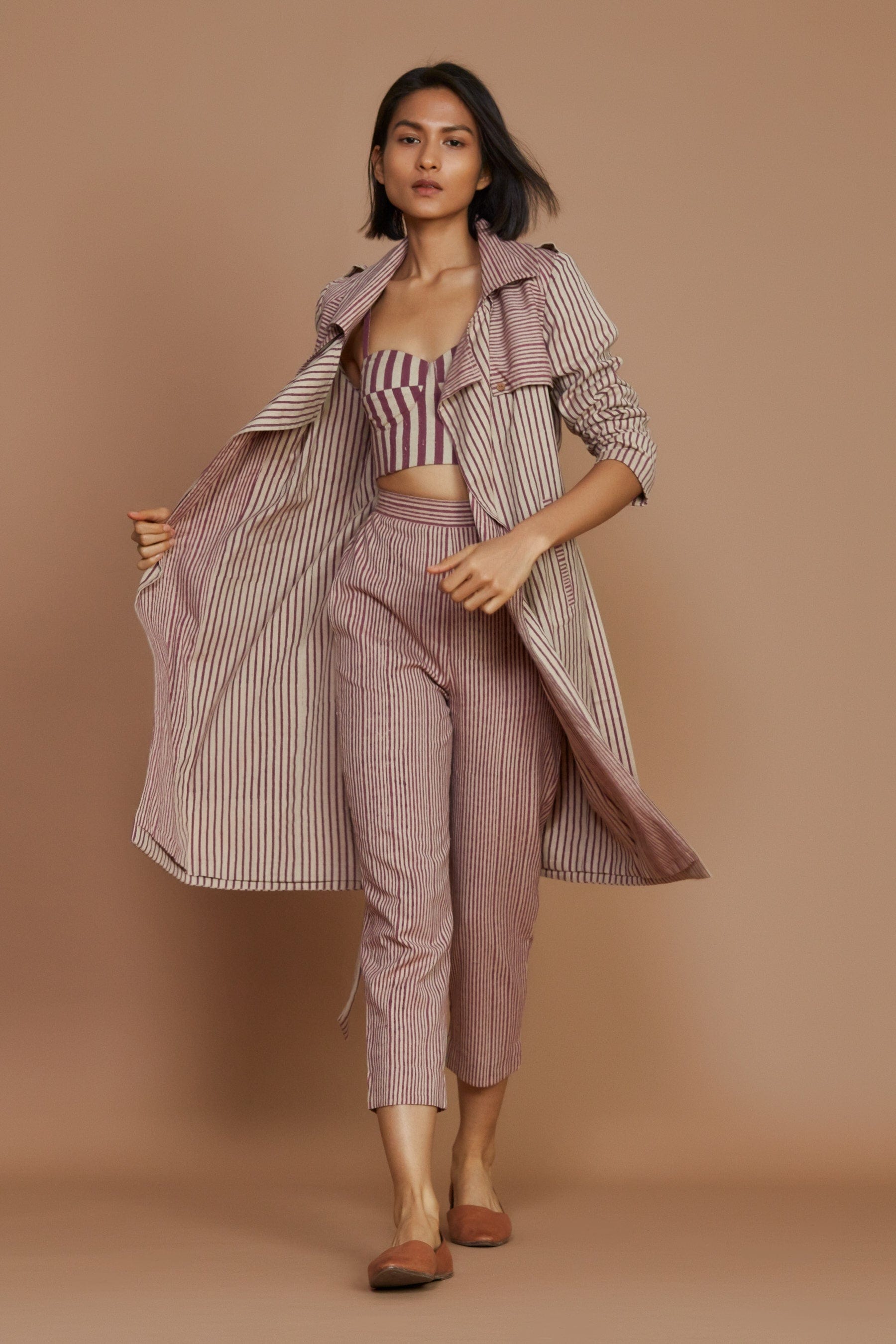 Handcrafted from Handwoven Organic Cotton, Mauve Trench Jacket Coord Set for Women by Sustainable Fashion Designer Clothing Label MATI