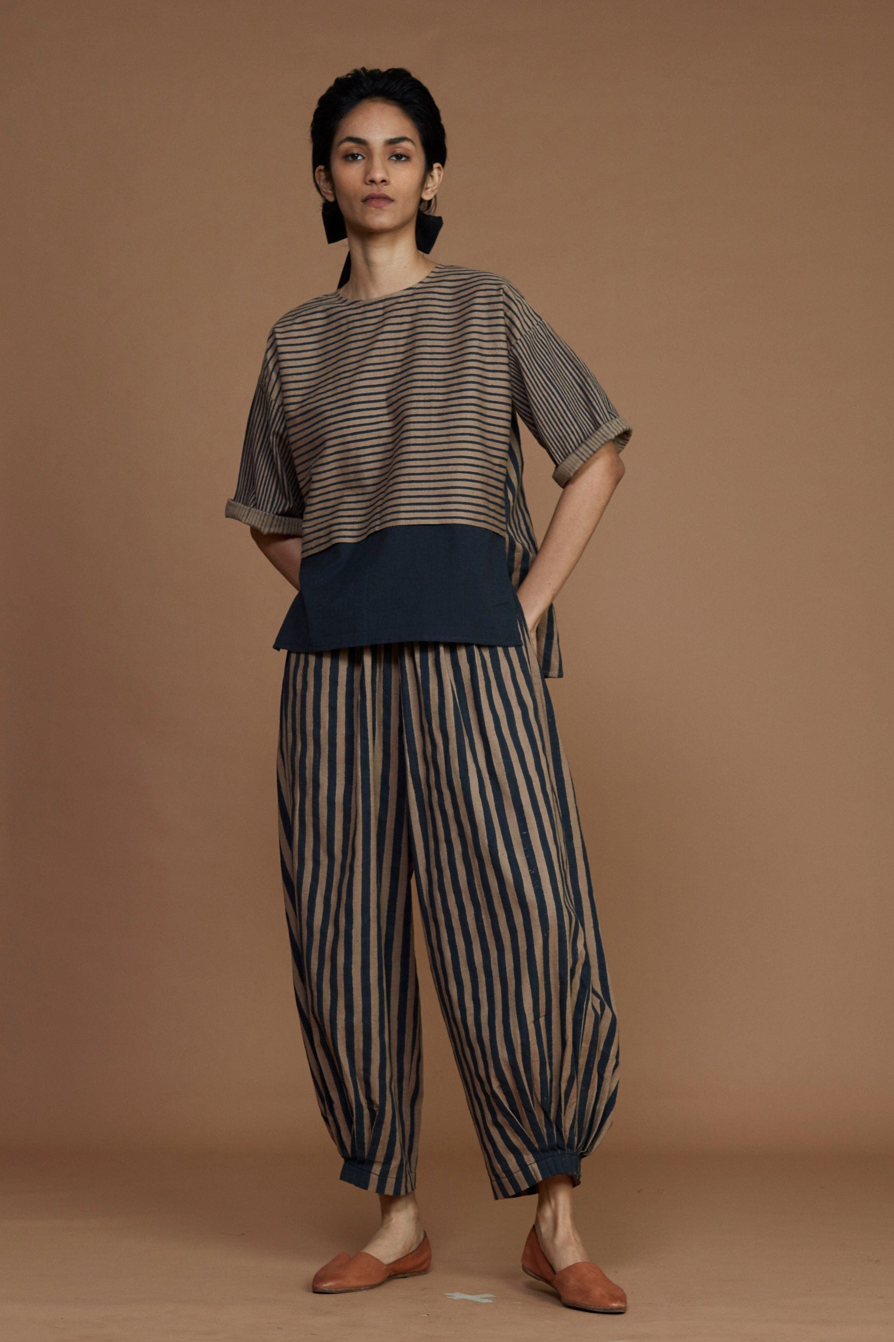 Handmade from Handwoven Organic Cotton, Striped Brown Coord Set for Women by Sustainable Fashion Designer Clothing Label MATI