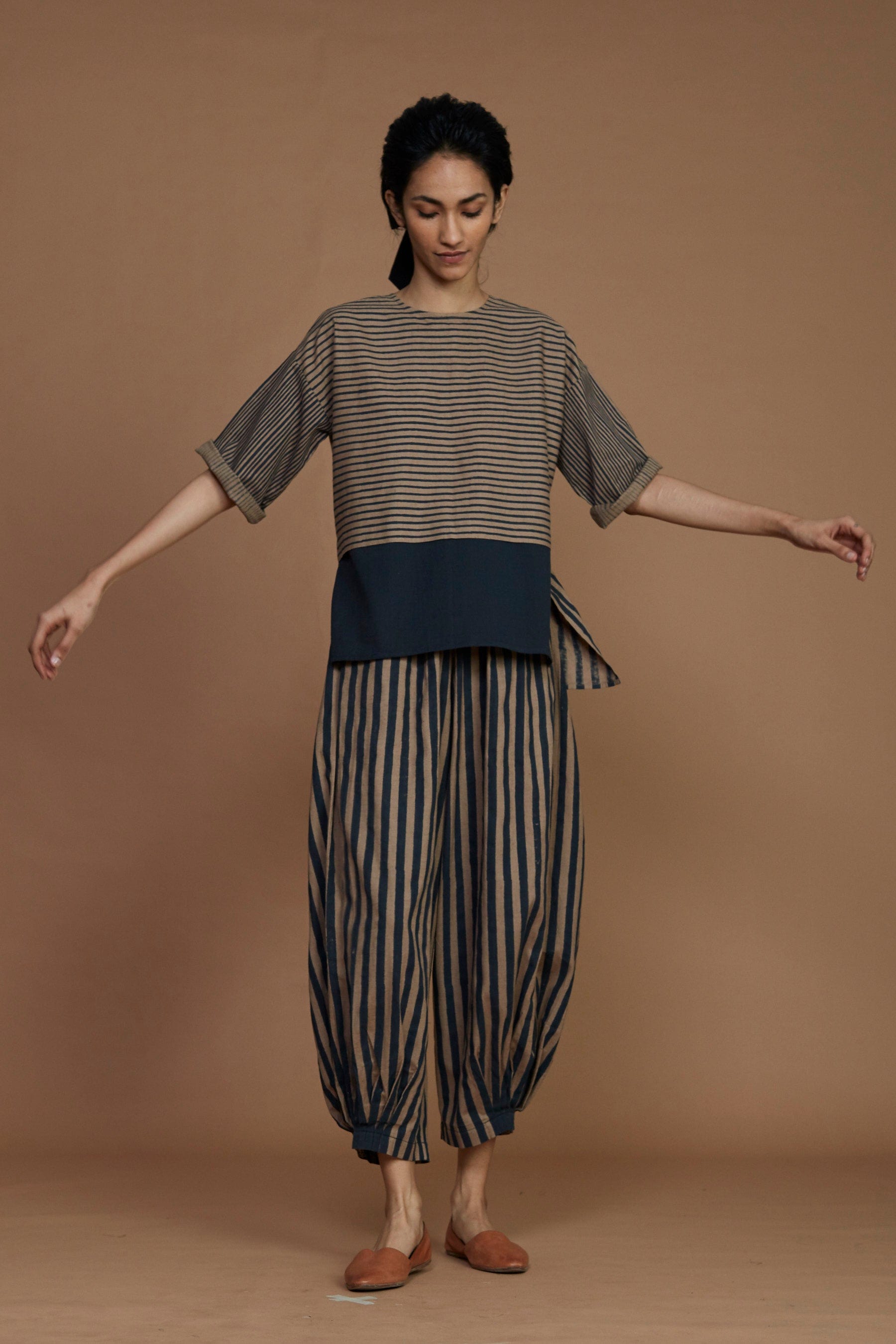 Handmade from Handwoven Organic Cotton, Striped Brown Coord Set for Women by Sustainable Fashion Designer Clothing Label MATI