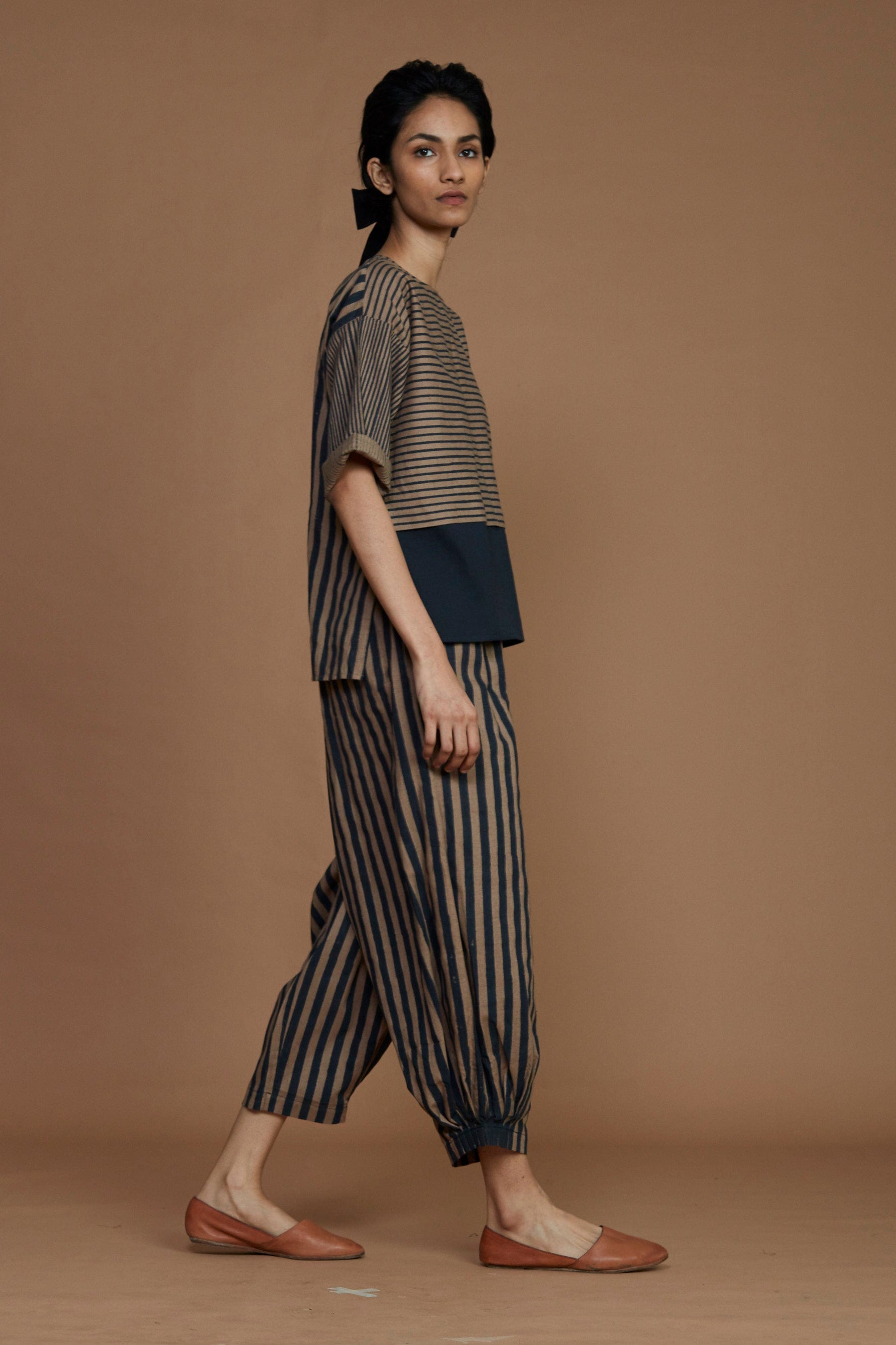 Handmade from Handwoven Organic Cotton, Striped Brown Coord Set for Women by Sustainable Fashion Designer Clothing Label MATI