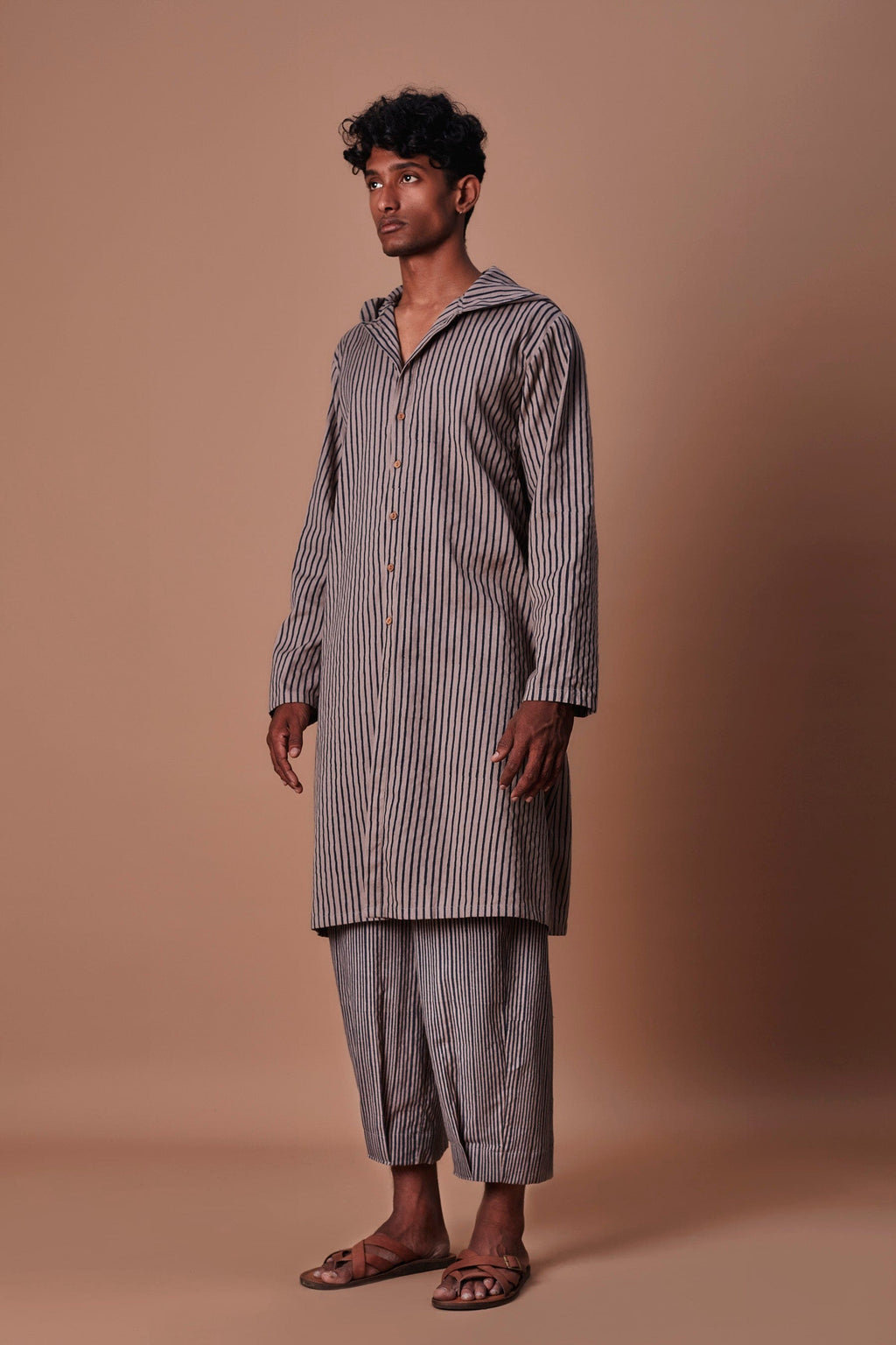 Mati Outfit Sets Mati Men's Brown Hooded Striped Kurta