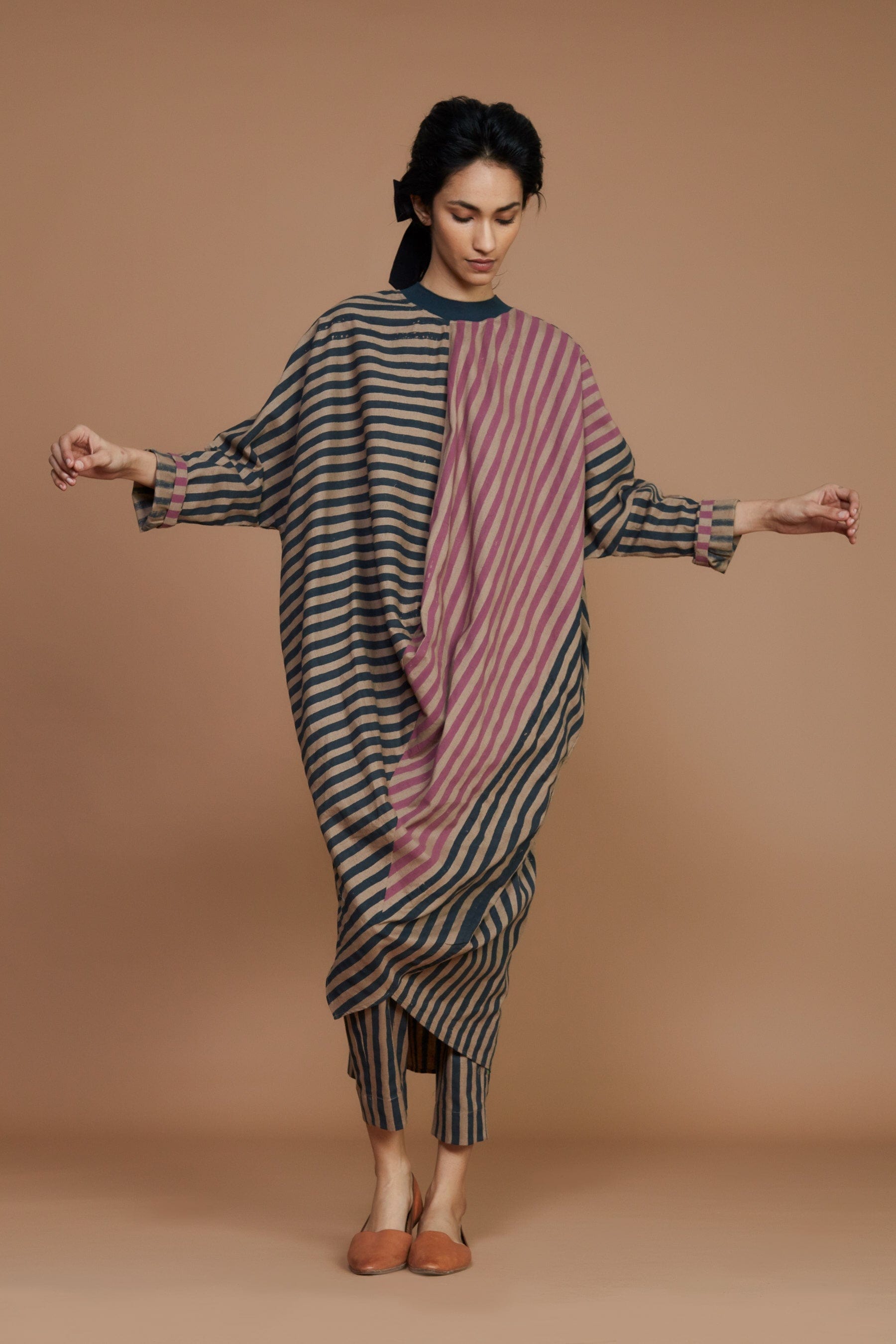 Handcrafted from Handwoven Organic Cotton, Striped Brown Cowl Coord Set for Women by Sustainable Fashion Designer Clothing Label MATI