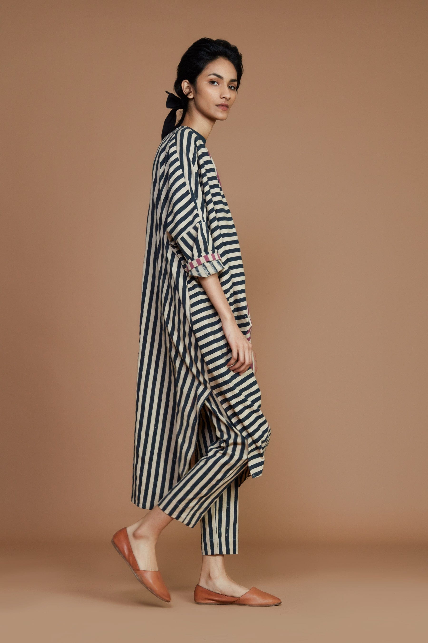 Handcrafted from Handwoven Organic Cotton, Striped White Cowl Coord Set for Women by Sustainable Fashion Designer Clothing Label MATI