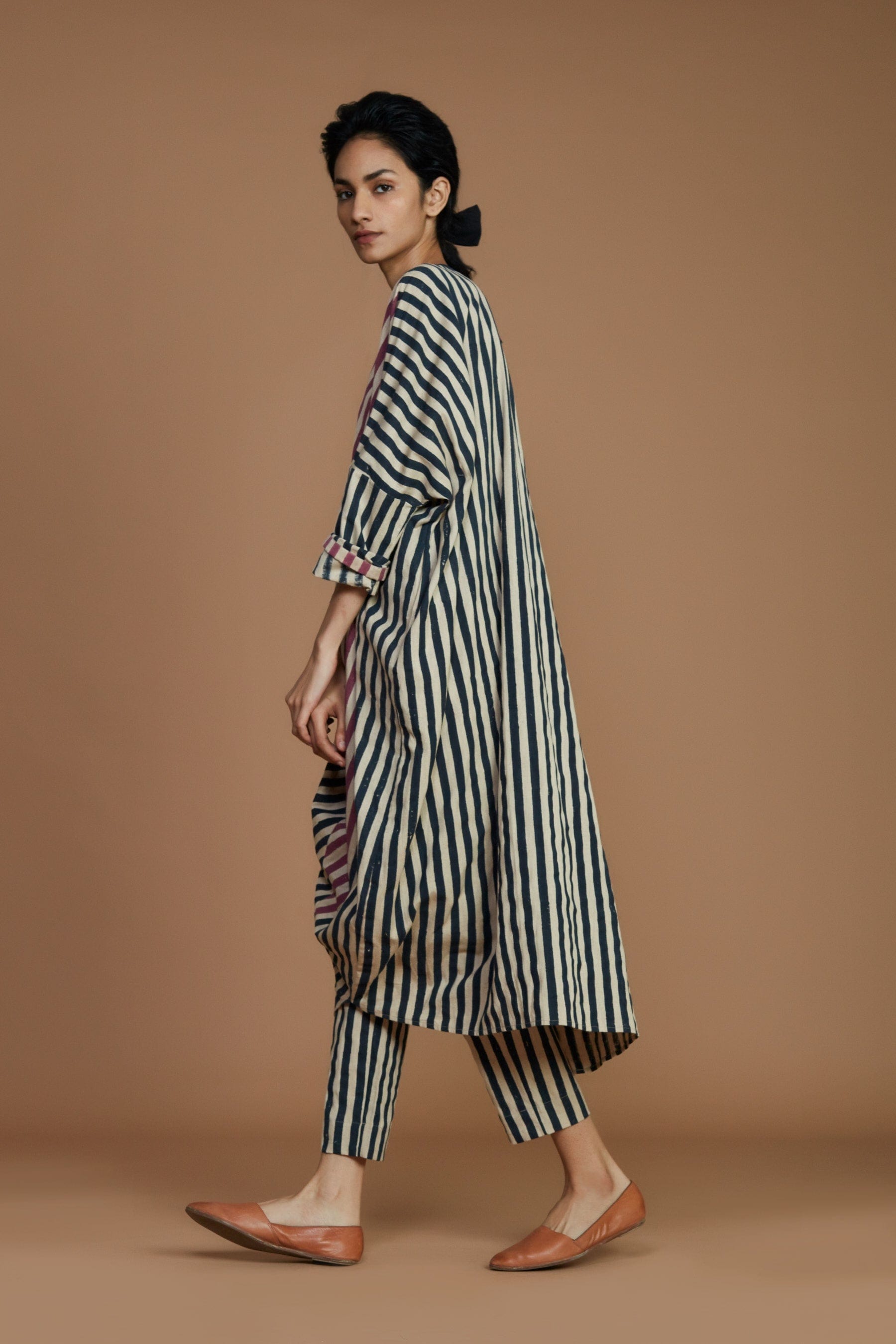 Handcrafted from Handwoven Organic Cotton, Striped White Cowl Coord Set for Women by Sustainable Fashion Designer Clothing Label MATI