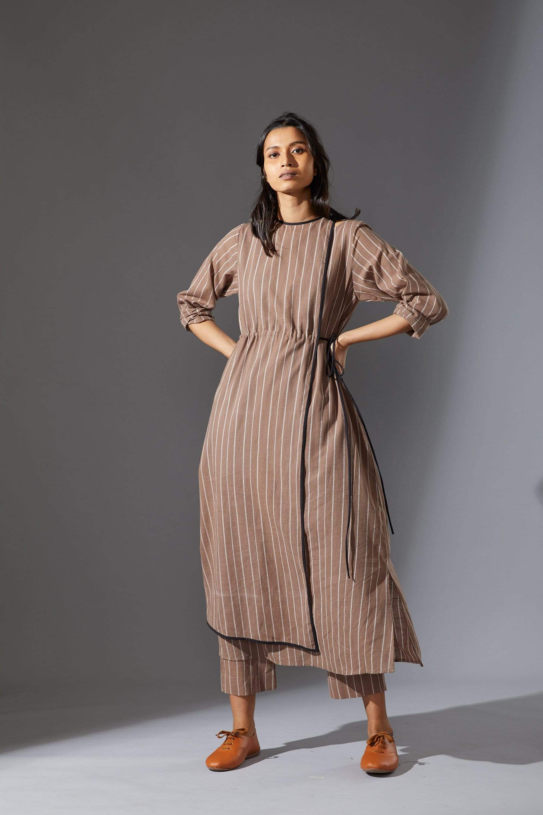 Full length view of MATI beige striped tunic set — size inclusive XS–7XL