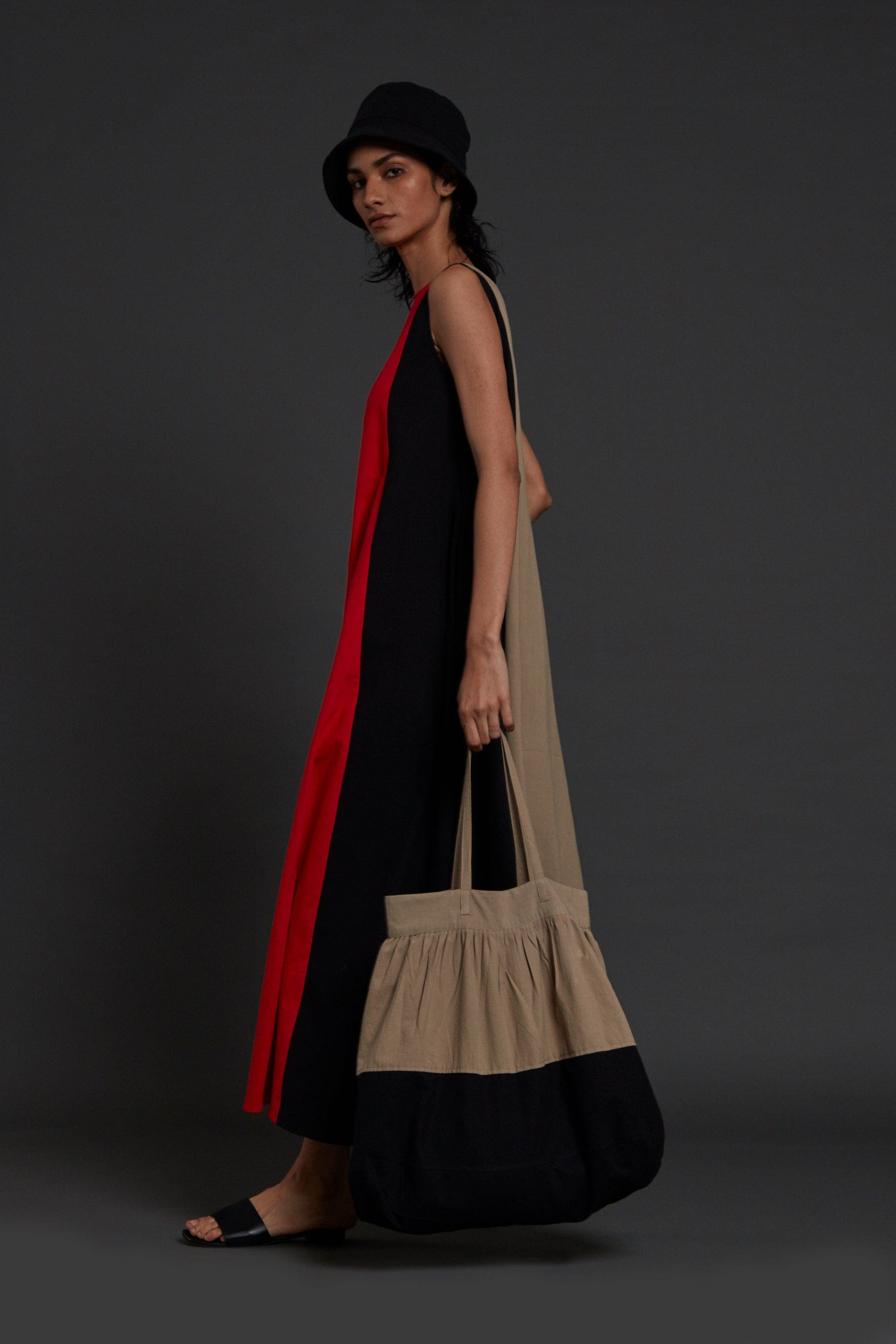 Handwoven cotton red colour block ankle-length dress with incut sleeves and side pockets, by MATI India
