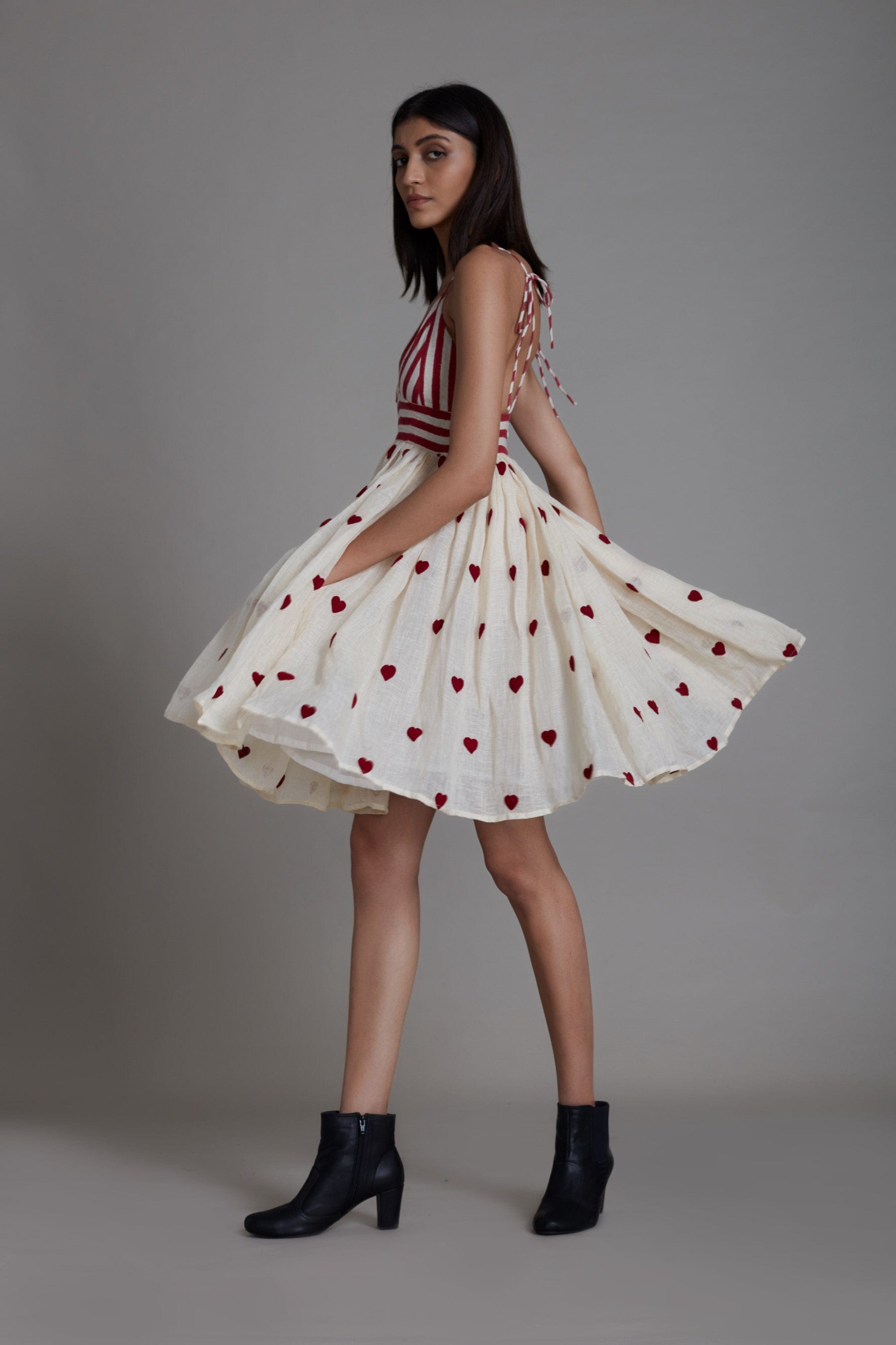 Handwoven linen and cotton embroidered dress in oatmeal with heart motifs and hand block print, by MATI India