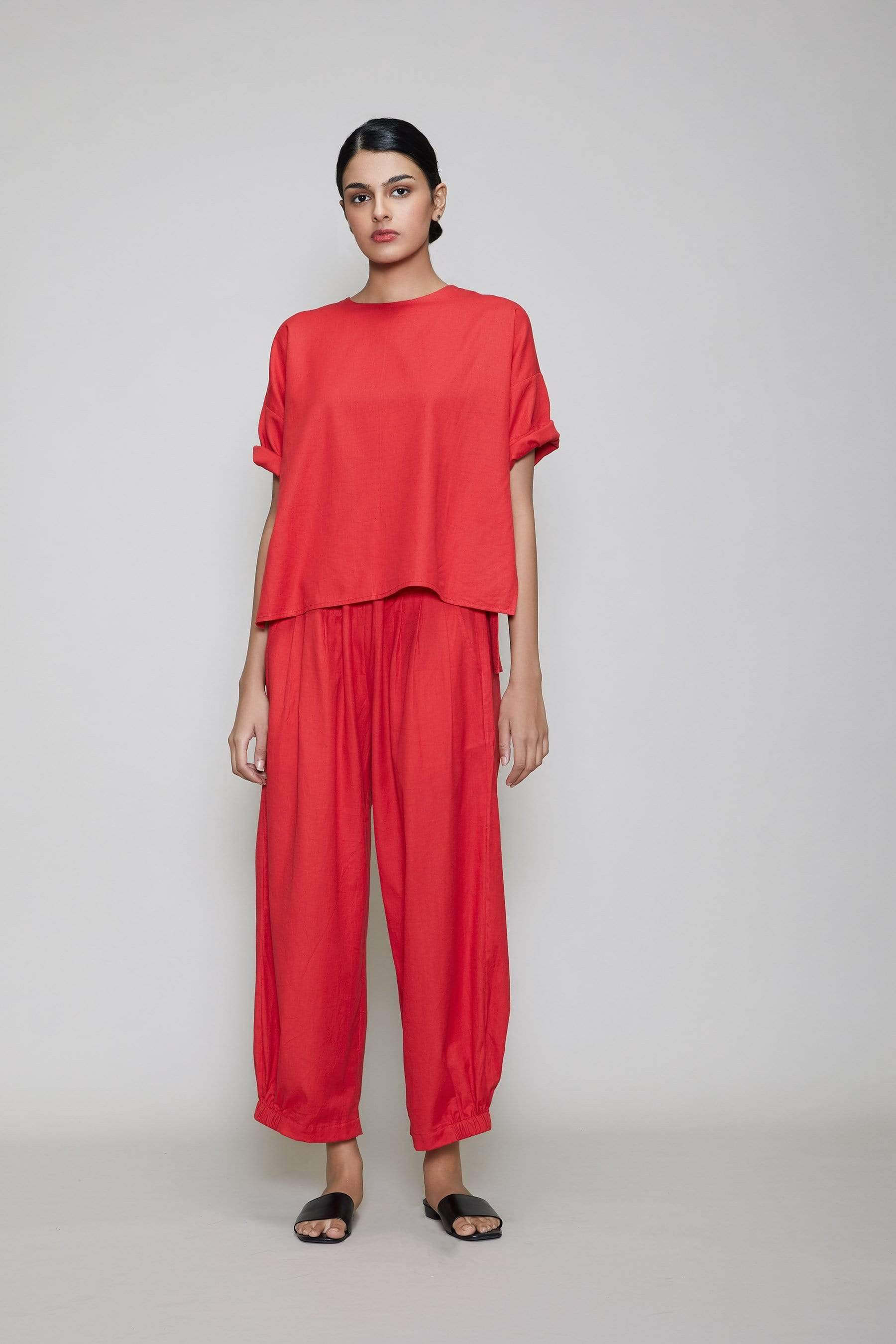 Handcrafted from Handwoven Organic Cotton, Red Coord Set for Women by Sustainable Fashion Designer Clothing Label MATI