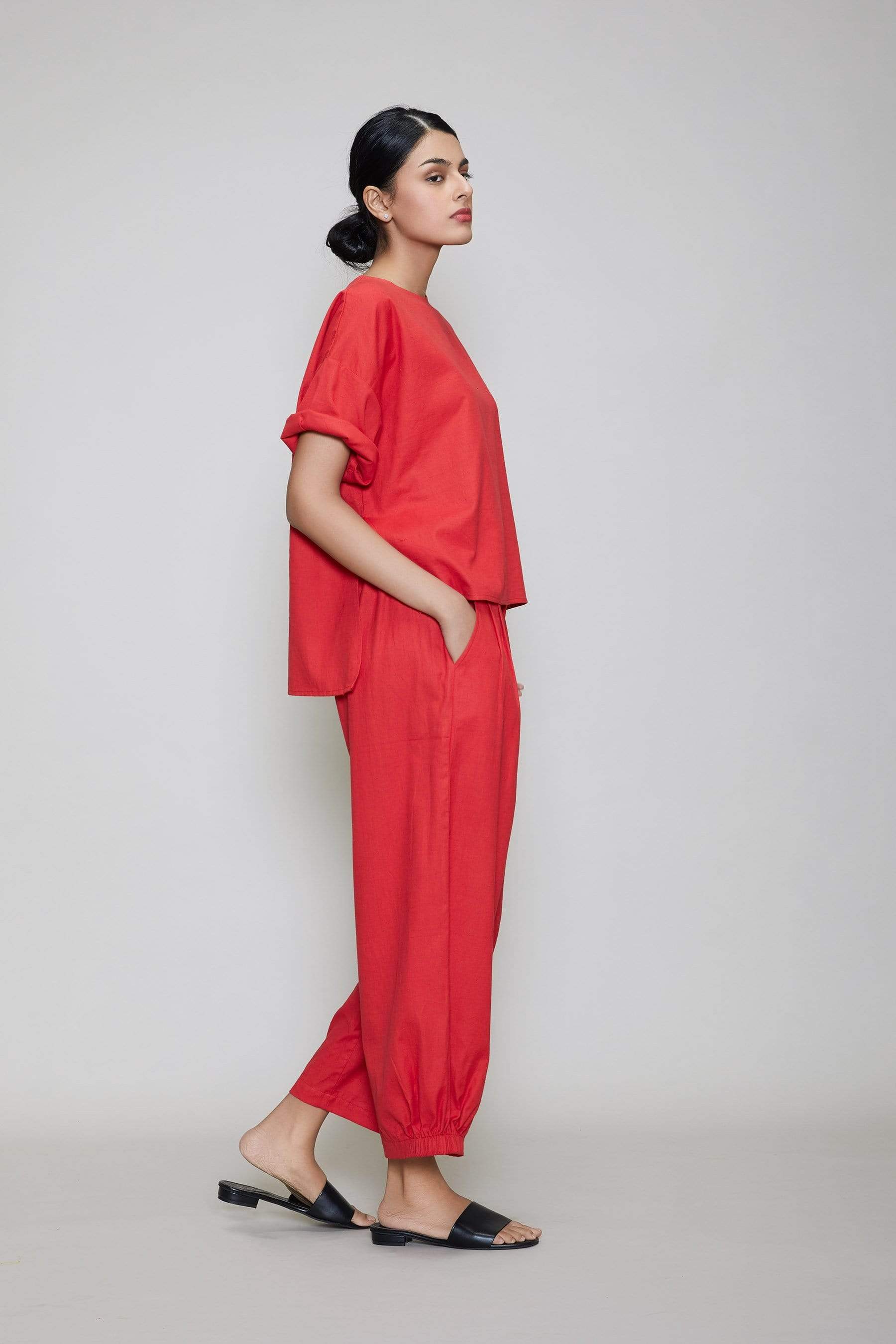 Handcrafted from Handwoven Organic Cotton, Red Coord Set for Women by Sustainable Fashion Designer Clothing Label MATI