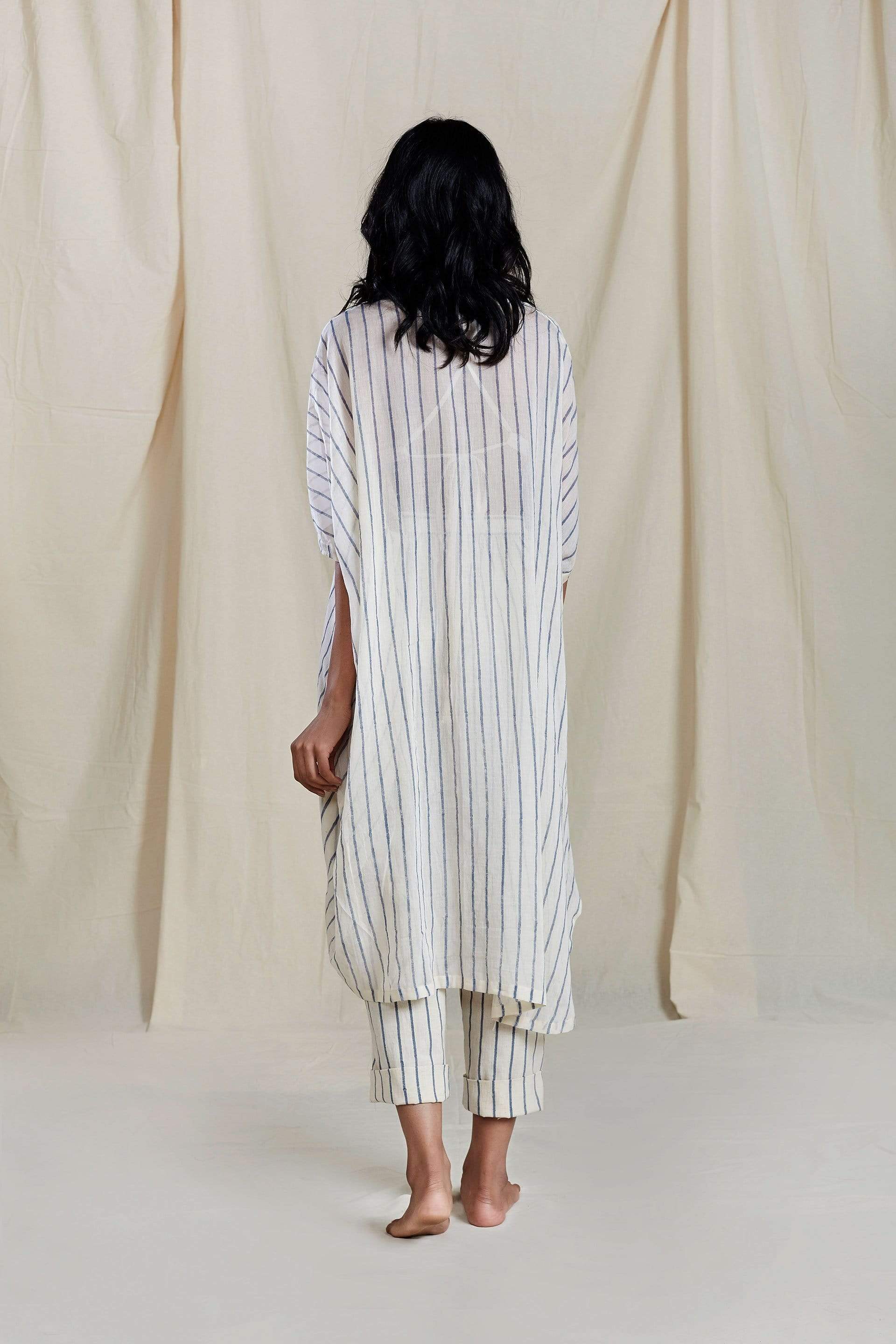 Handcrafted from Handwoven Organic Cotton, Striped Offwhite Dress Coord Set for Women by Sustainable Fashion Designer Clothing Label MATI