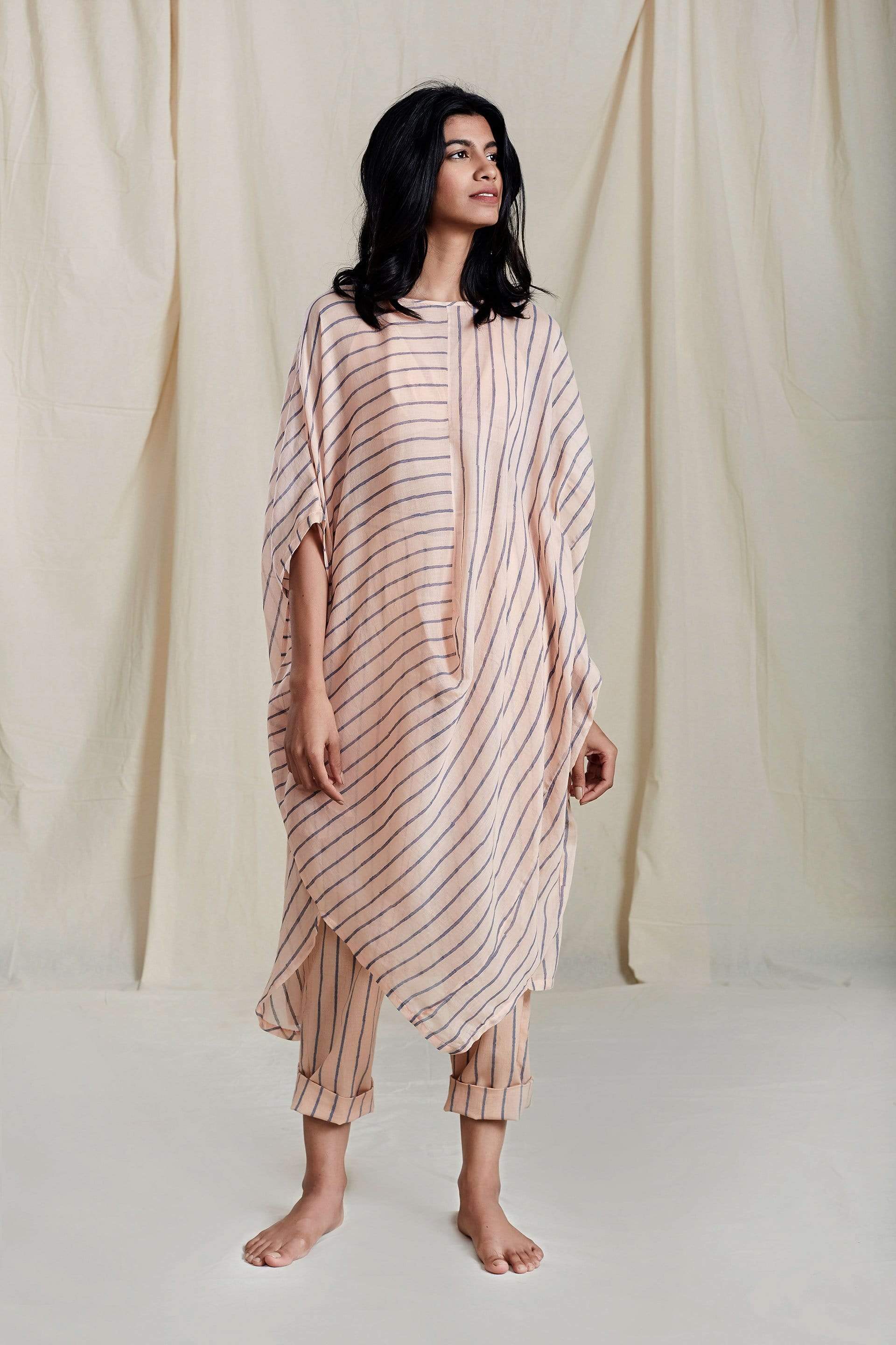 Handcrafted from Handwoven Organic Cotton, Striped Pink Dress Coord Set for Women by Sustainable Fashion Designer Clothing Label MATI