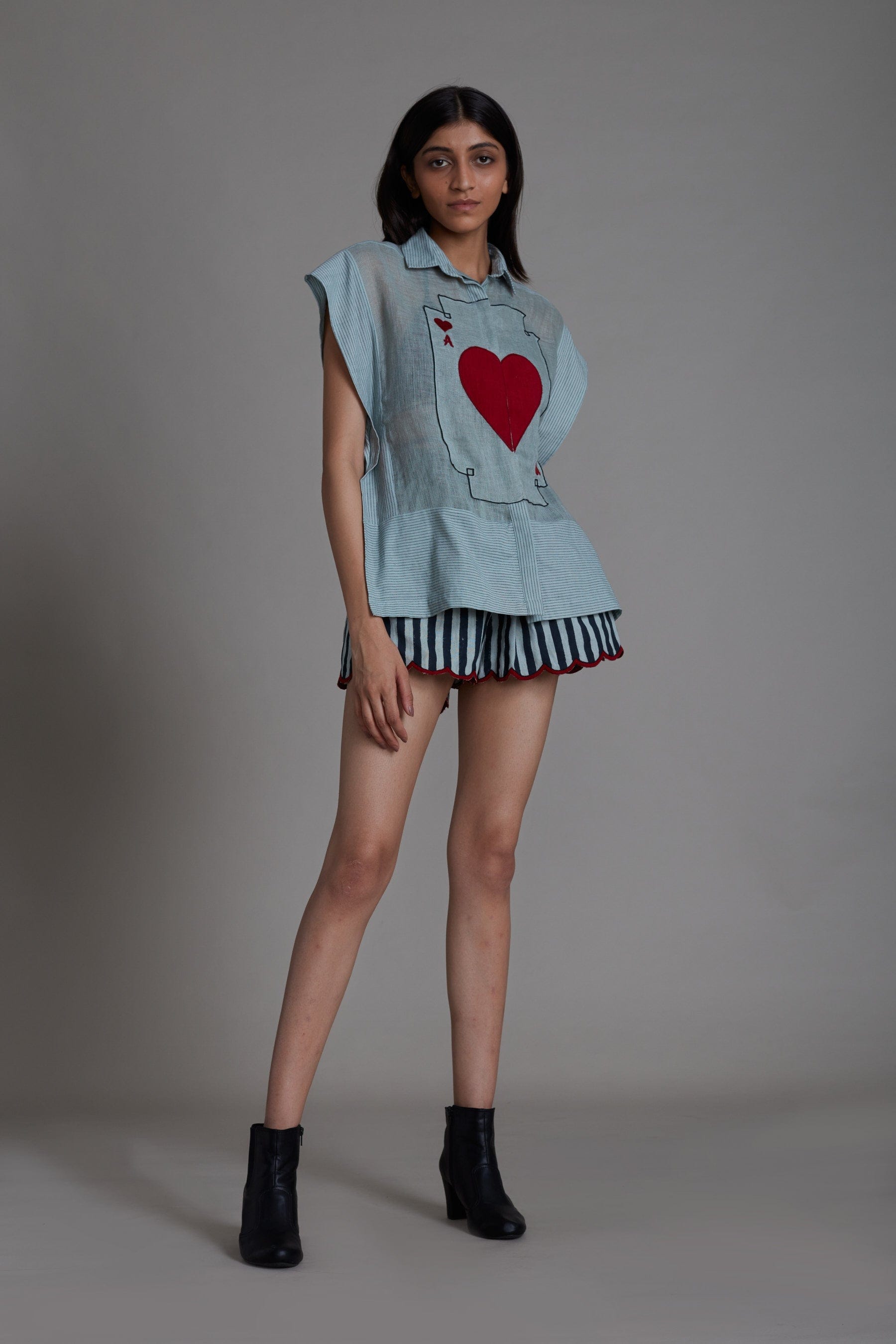 Handmade from Handwoven Organic Cotton & Linen, Blue Kaftan Shirt & Shorts Coord Set for Women by Sustainable Fashion Designer Clothing Label MATI