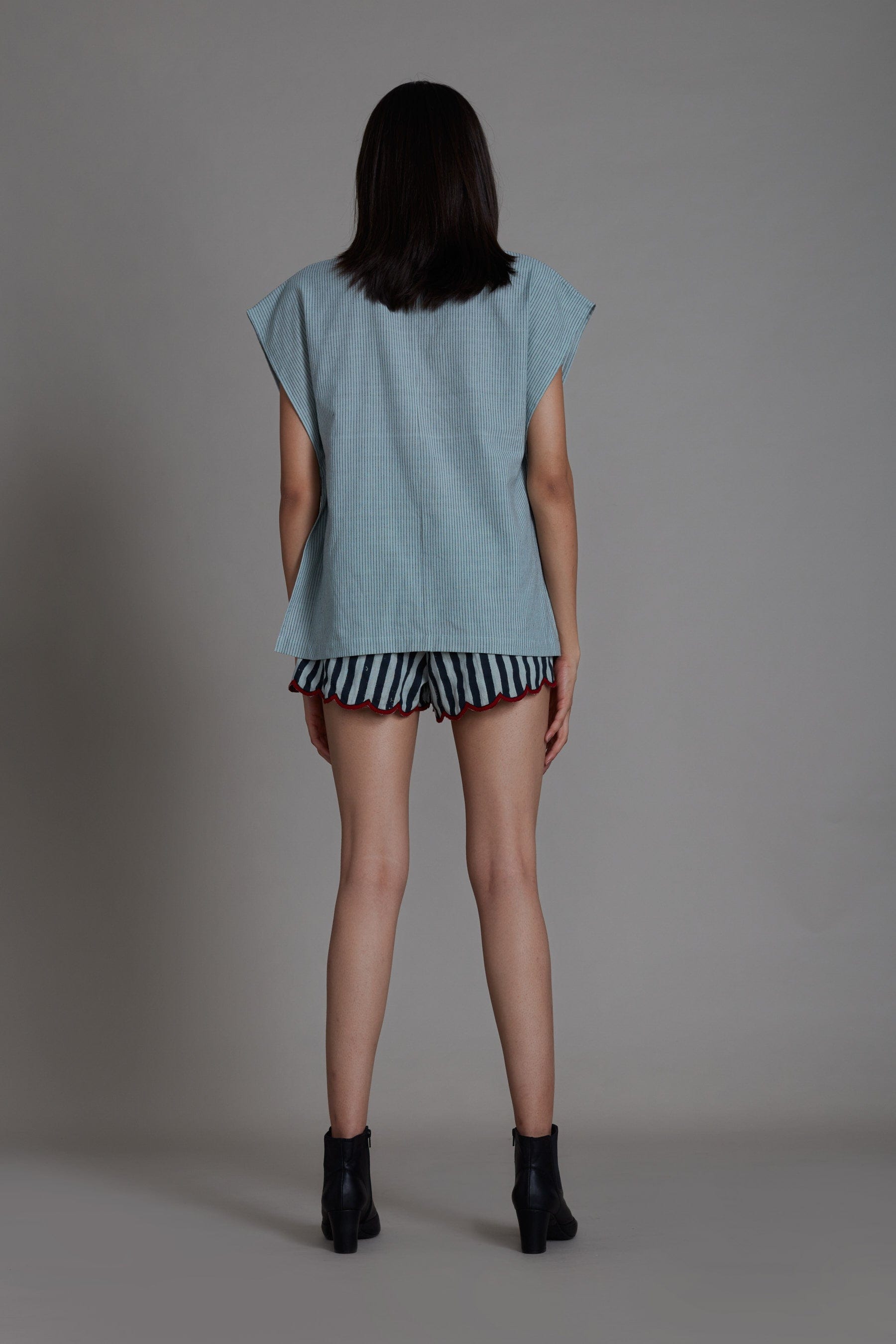 Handmade from Handwoven Organic Cotton & Linen, Blue Kaftan Shirt & Shorts Coord Set for Women by Sustainable Fashion Designer Clothing Label MATI