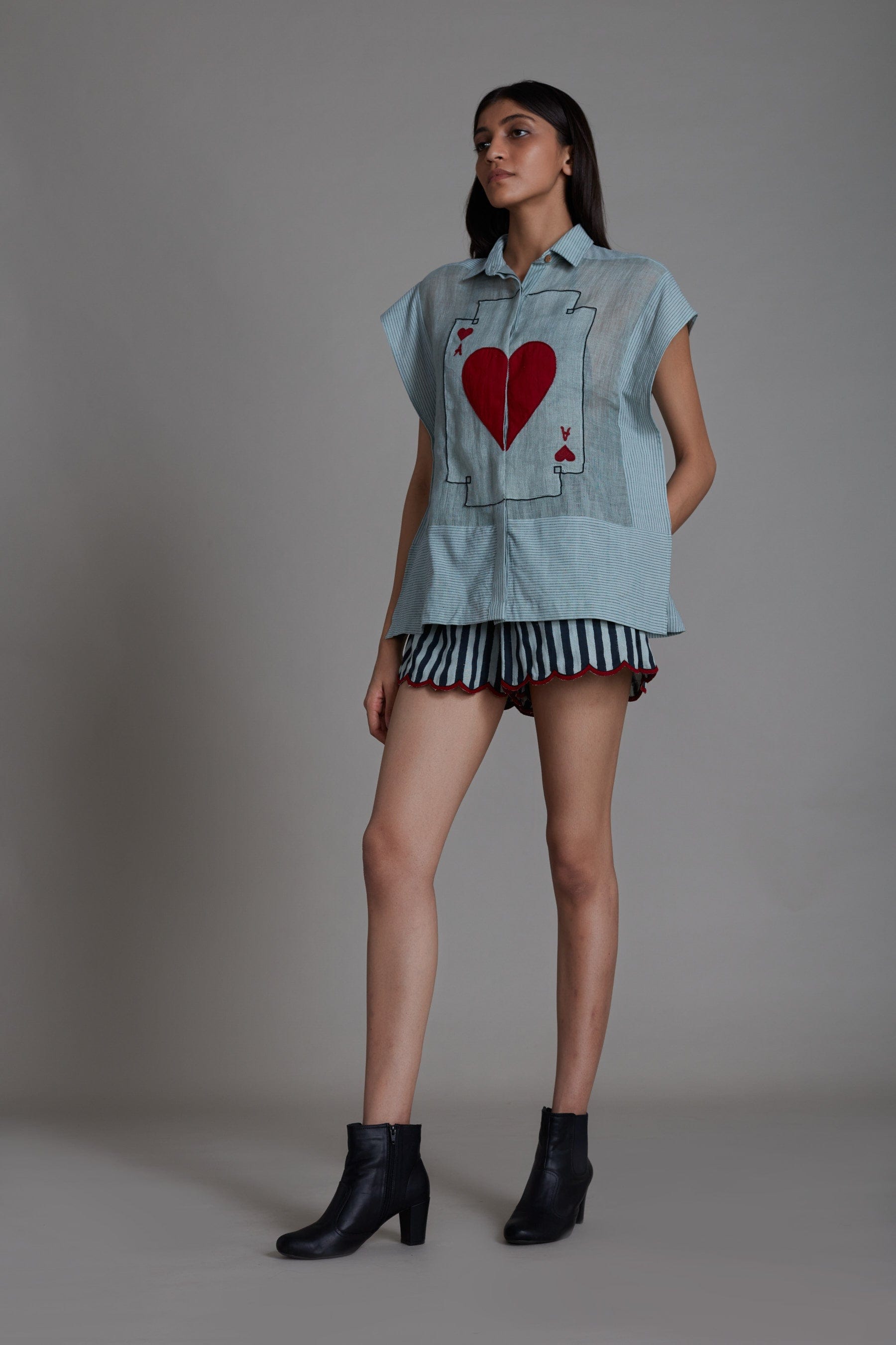 Handmade from Handwoven Organic Cotton & Linen, Blue Kaftan Shirt & Shorts Coord Set for Women by Sustainable Fashion Designer Clothing Label MATI