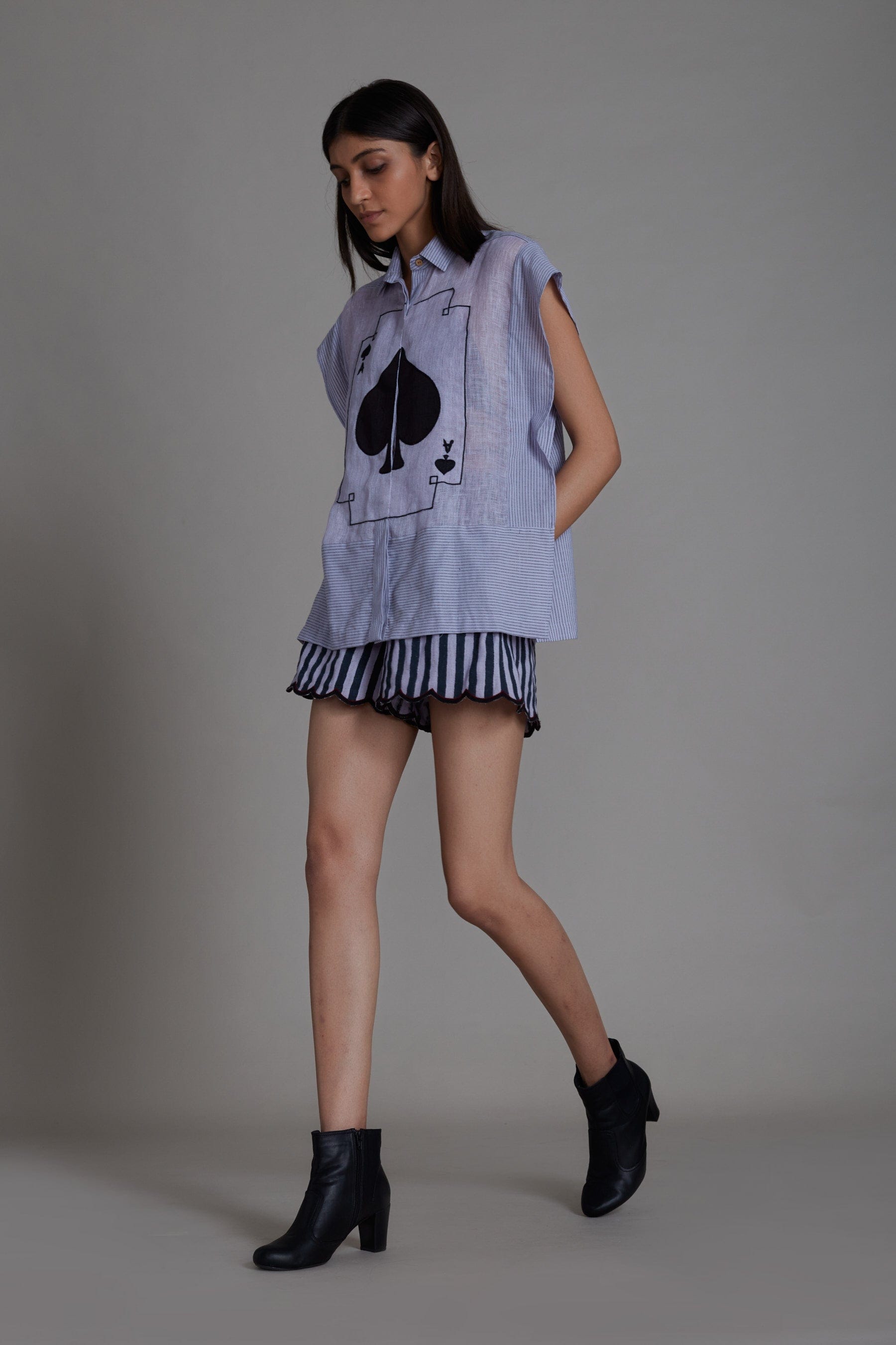 Handmade from Handwoven Organic Cotton & Linen, Lavender Kaftan Shirt & Shorts Coord Set for Women by Sustainable Fashion Designer Clothing Label MATI