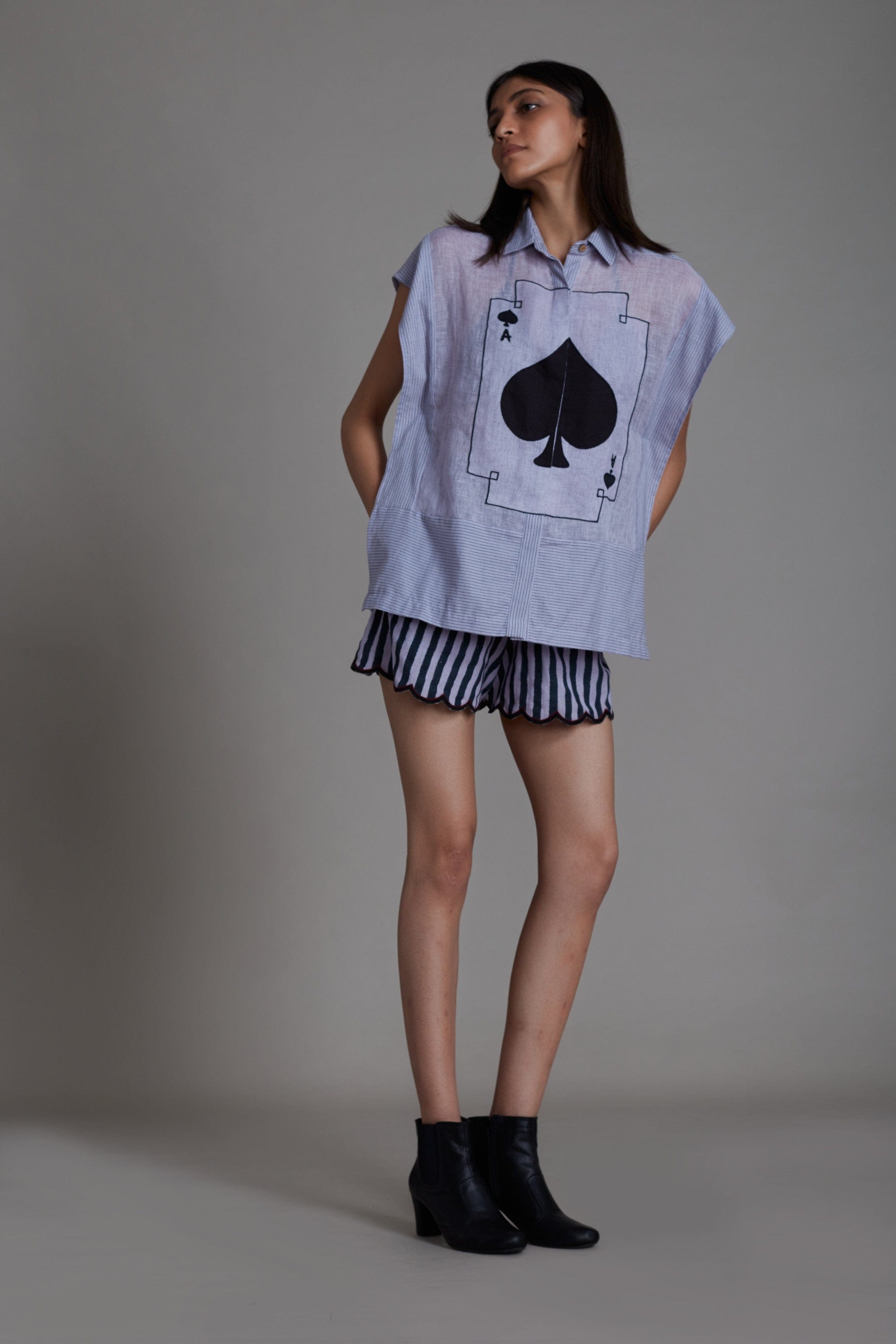 Handmade from Handwoven Organic Cotton & Linen, Lavender Kaftan Shirt & Shorts Coord Set for Women by Sustainable Fashion Designer Clothing Label MATI