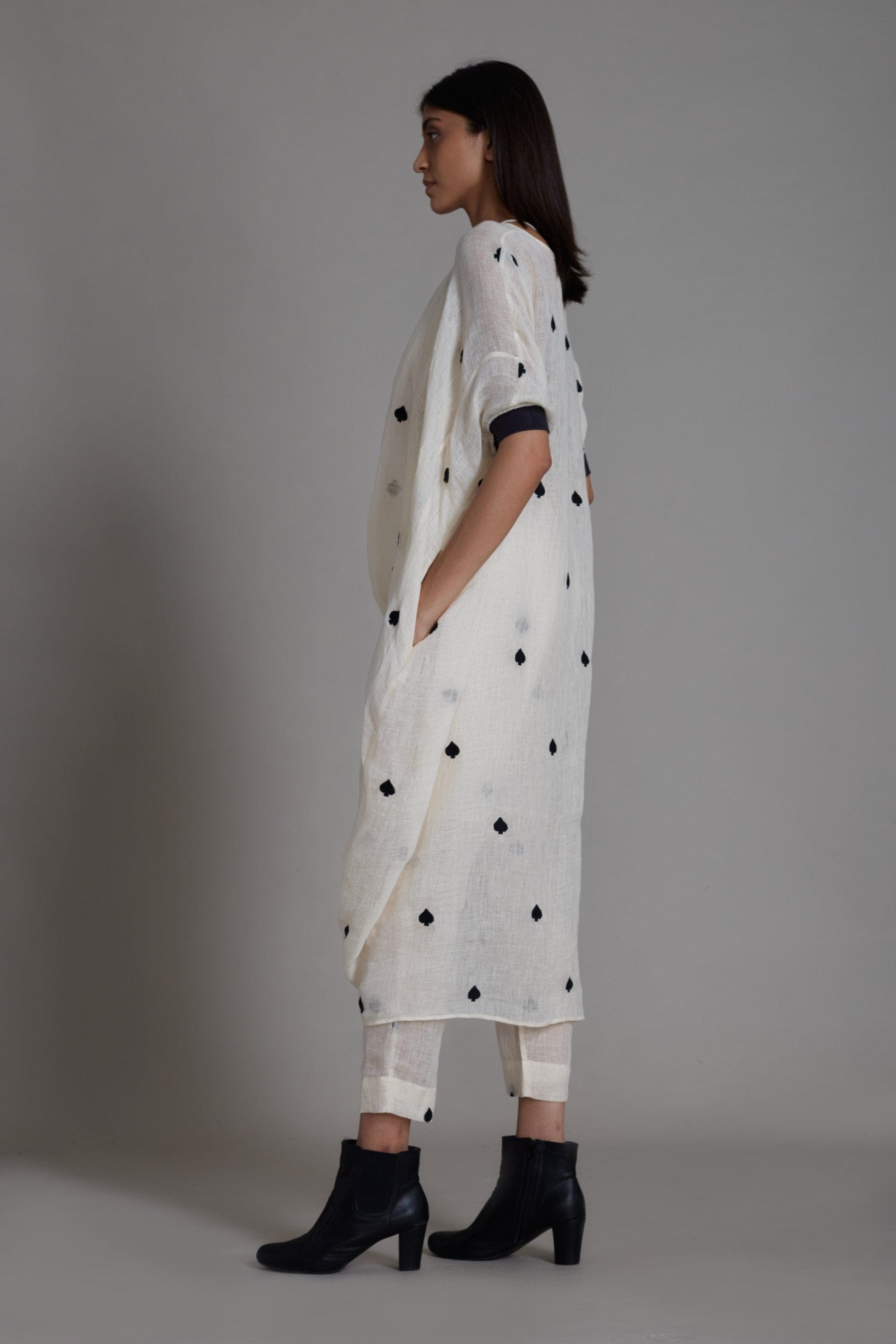 Handmade Pure Linen Offwhite Cowl Coord Set with Thread Embroidery by Sustainable Clothing Label MATI