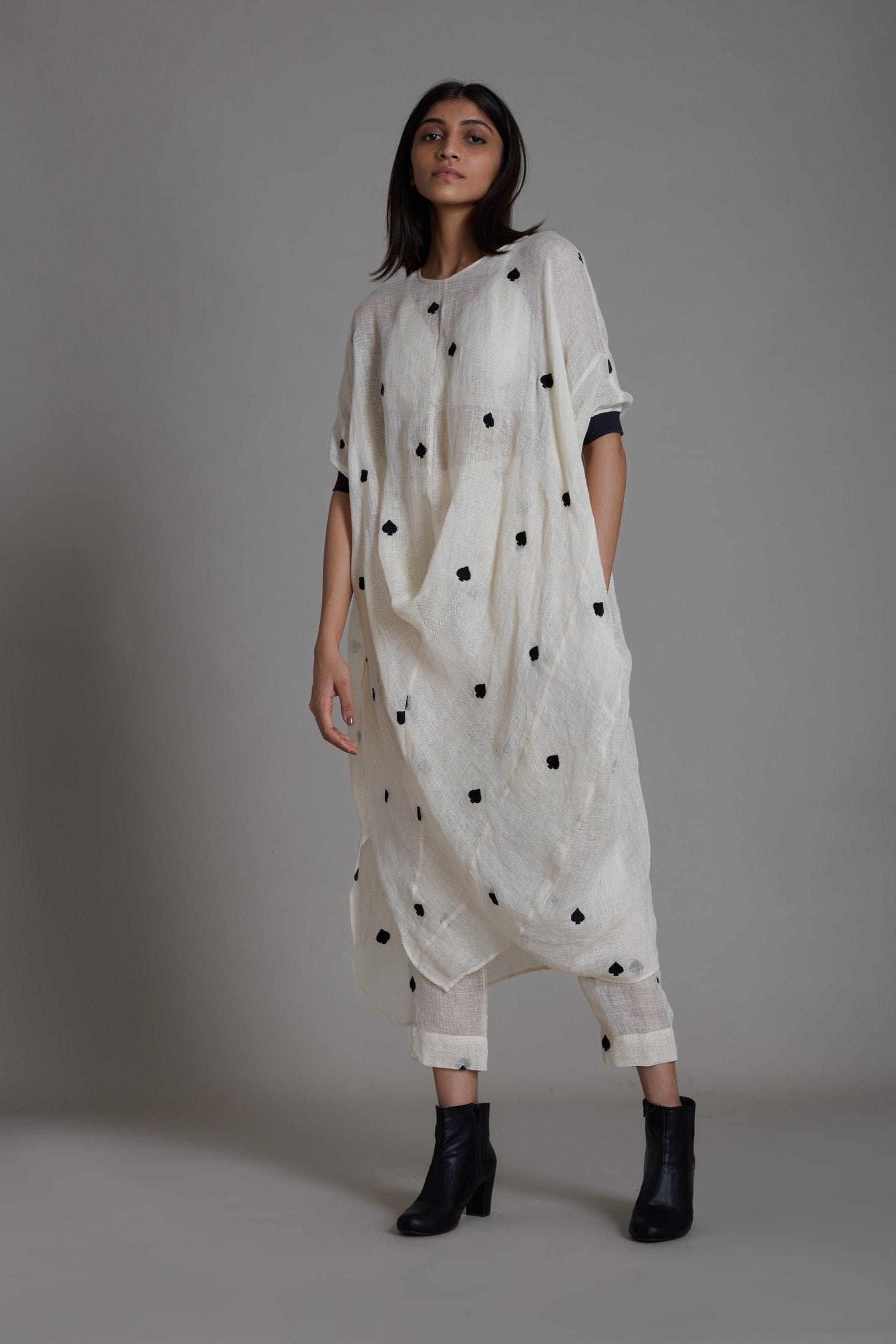 Handmade Pure Linen Offwhite Cowl Coord Set with Thread Embroidery by Sustainable Clothing Label MATI