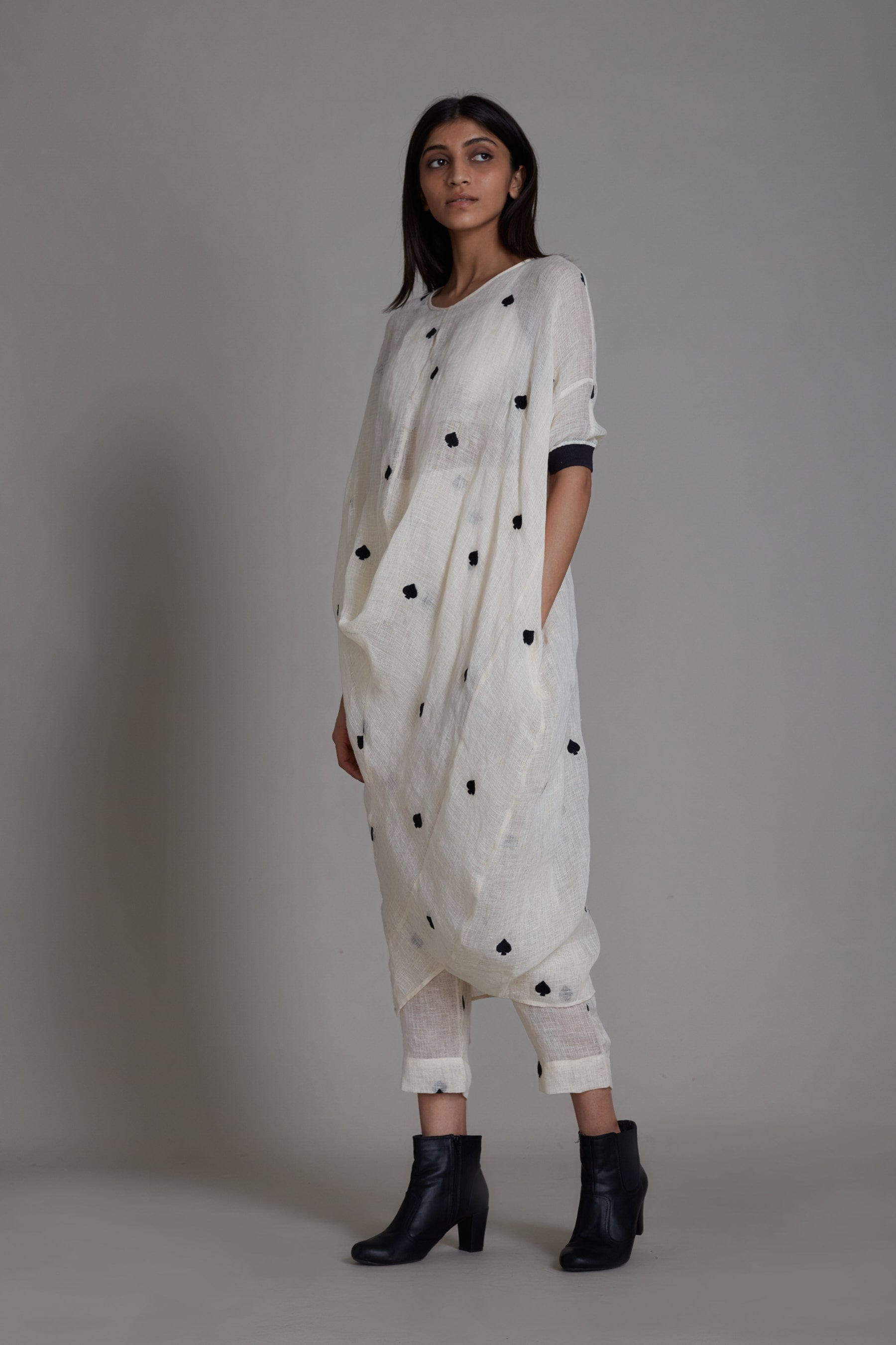 Handmade Pure Linen Offwhite Cowl Coord Set with Thread Embroidery by Sustainable Clothing Label MATI