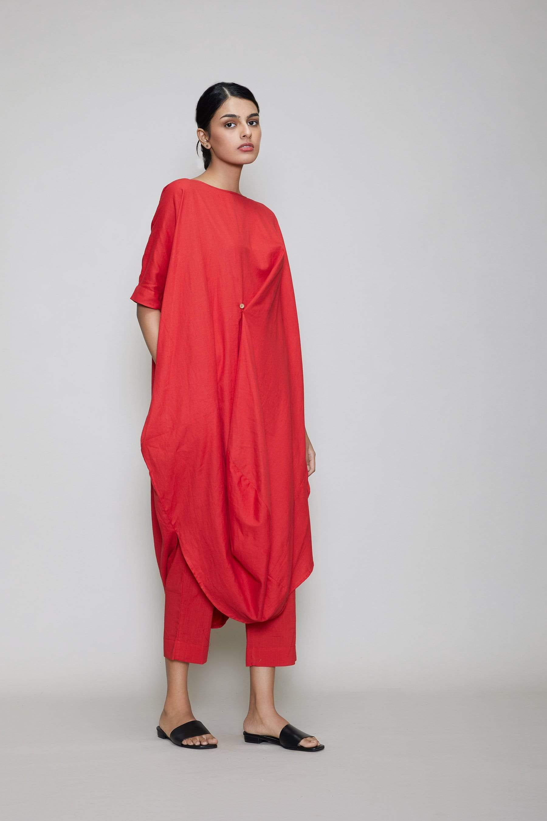 Handcrafted from Handwoven Organic Cotton, Red Cowl Coord Set for Women by Sustainable Fashion Designer Clothing Label MATI