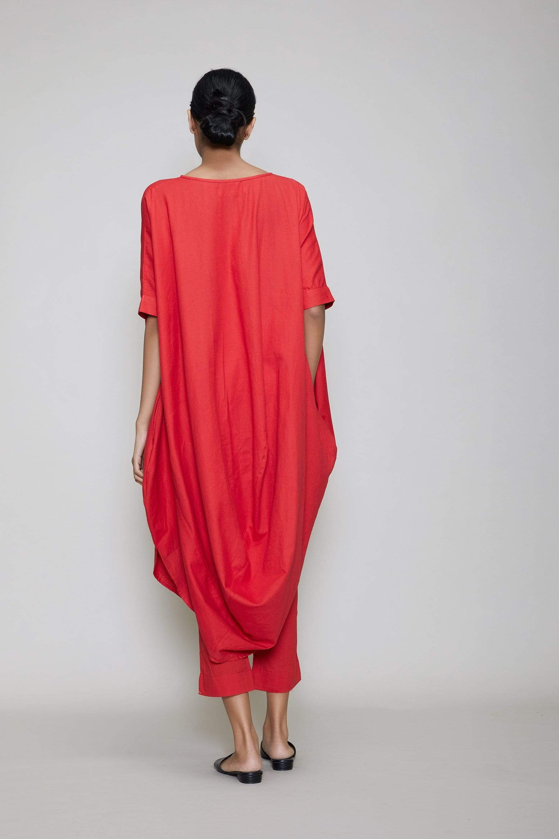 Handcrafted from Handwoven Organic Cotton, Red Cowl Coord Set for Women by Sustainable Fashion Designer Clothing Label MATI