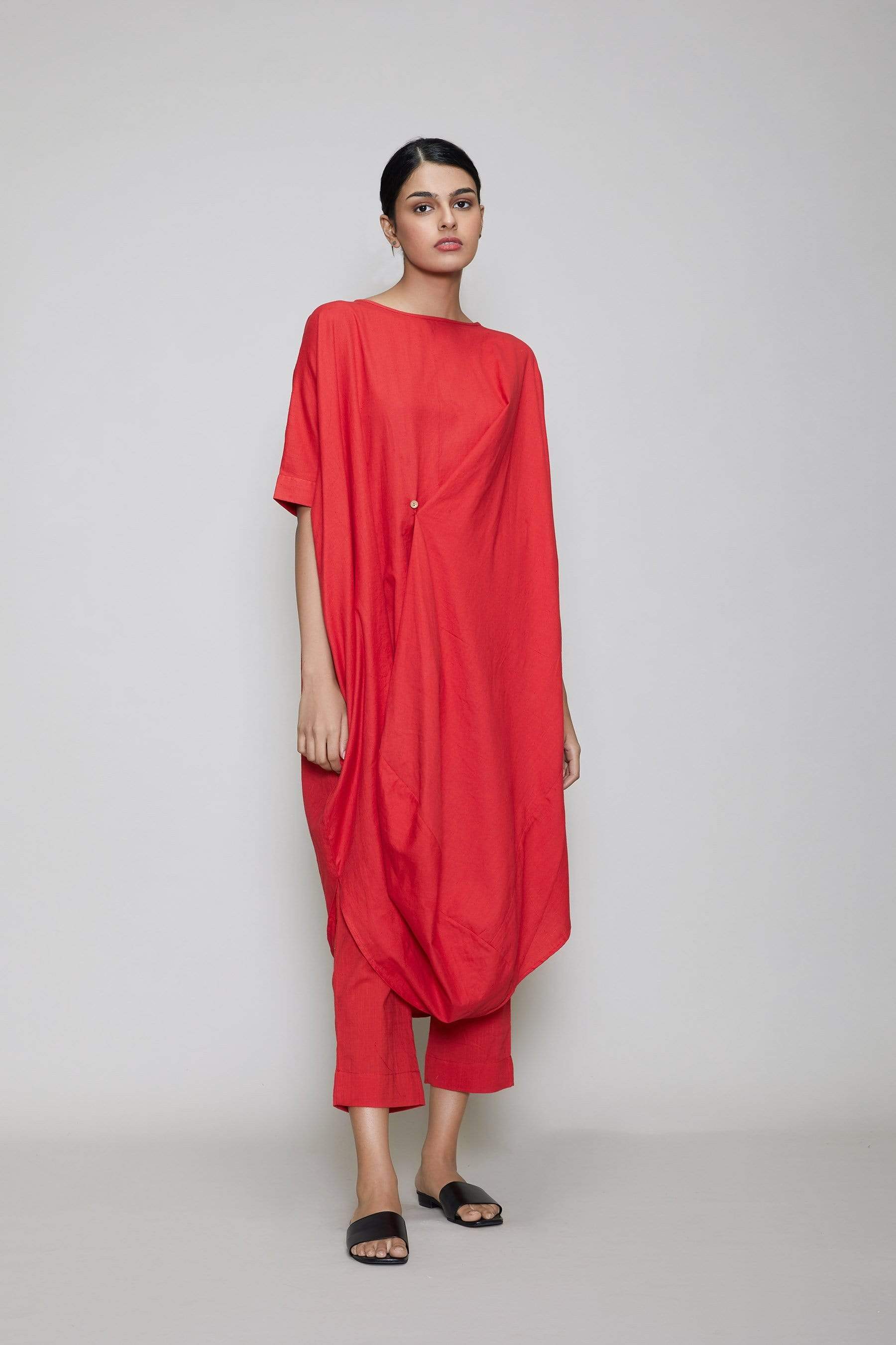 Handcrafted from Handwoven Organic Cotton, Red Cowl Coord Set for Women by Sustainable Fashion Designer Clothing Label MATI