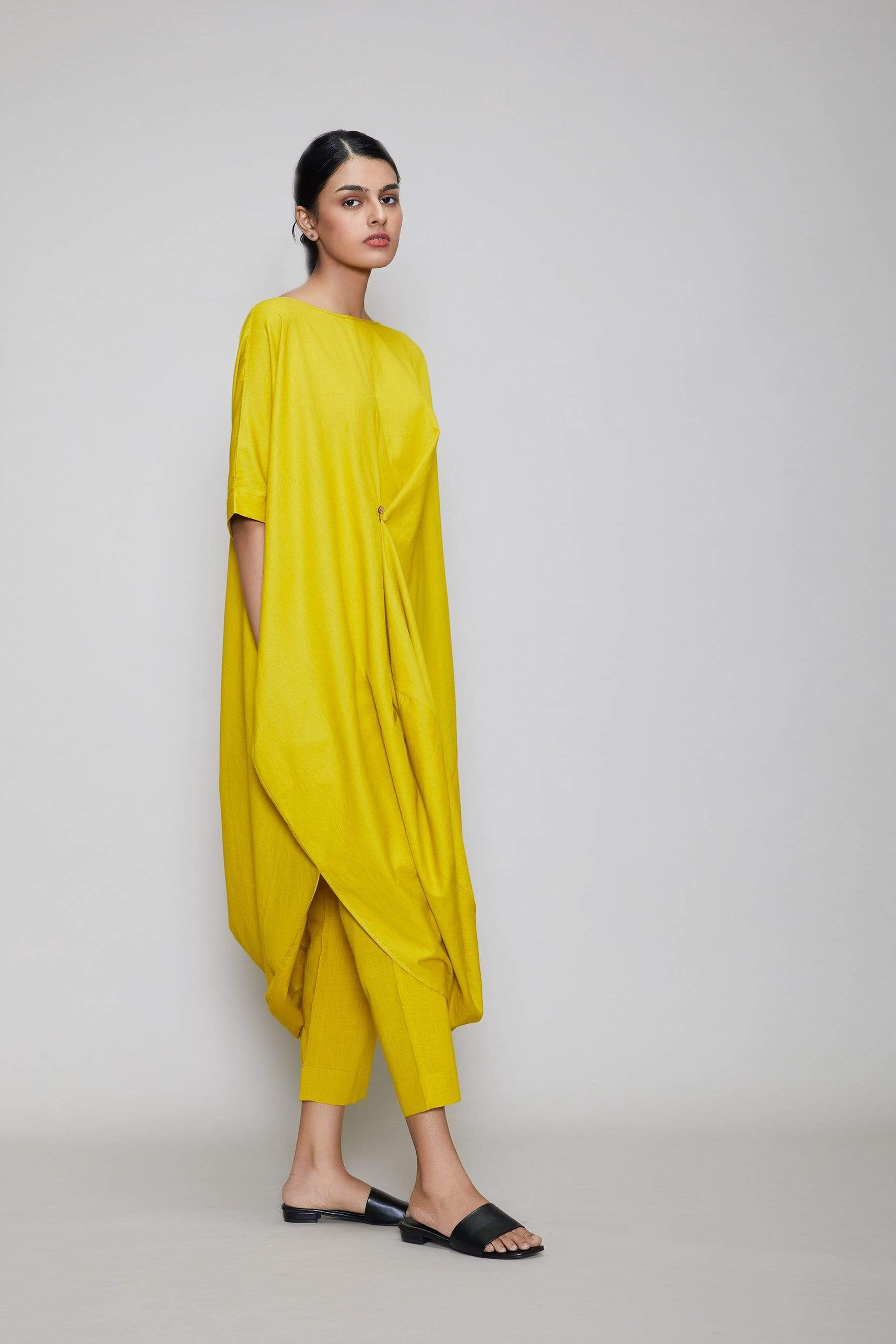 Handcrafted from Handwoven Organic Cotton, Yellow Cowl Coord Set for Women by Sustainable Fashion Designer Clothing Label MATI