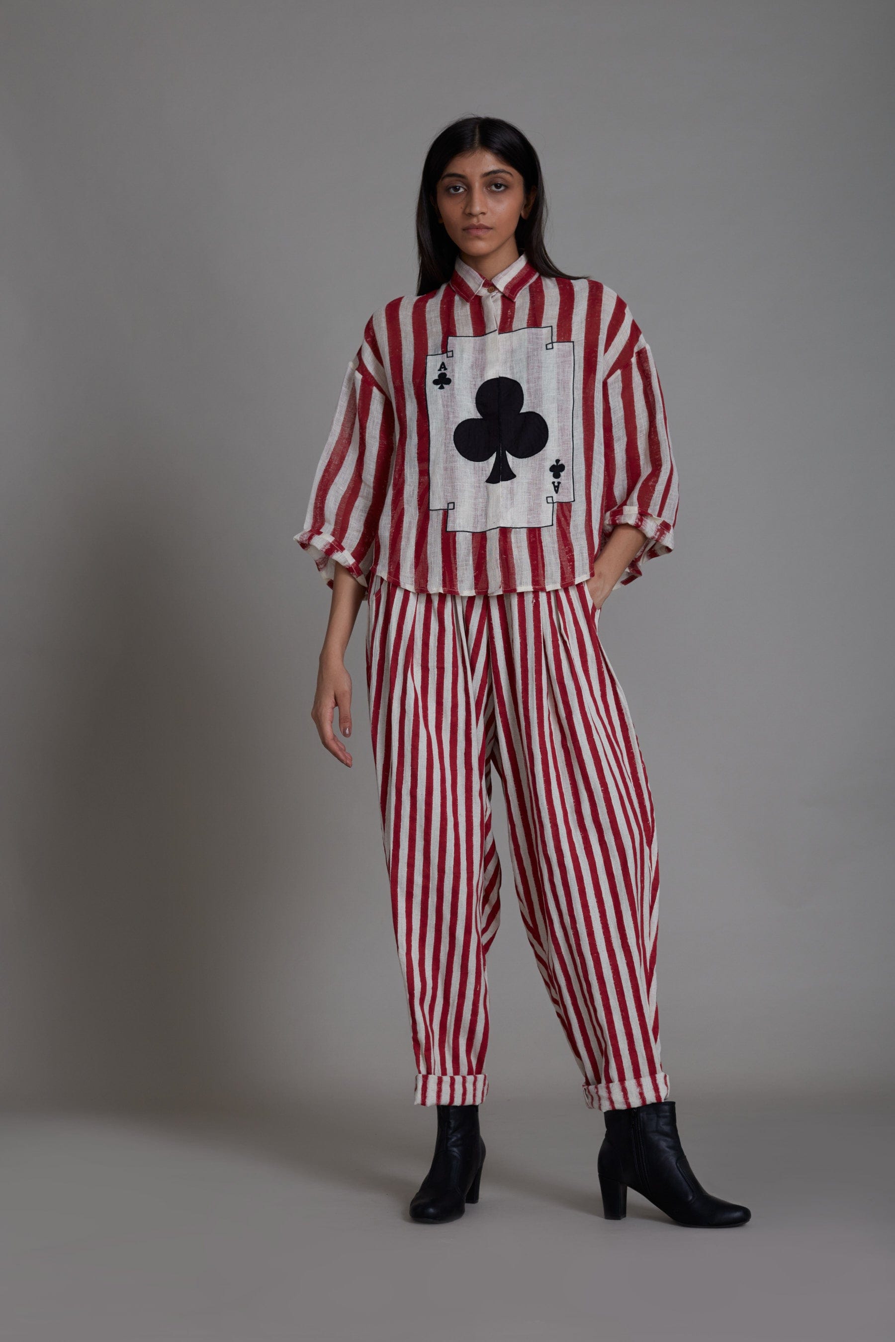 Handmade in Pure Linen & Cotton Red & White Striped Embroidered Coord Set by Sustainable Clothing Label MATI