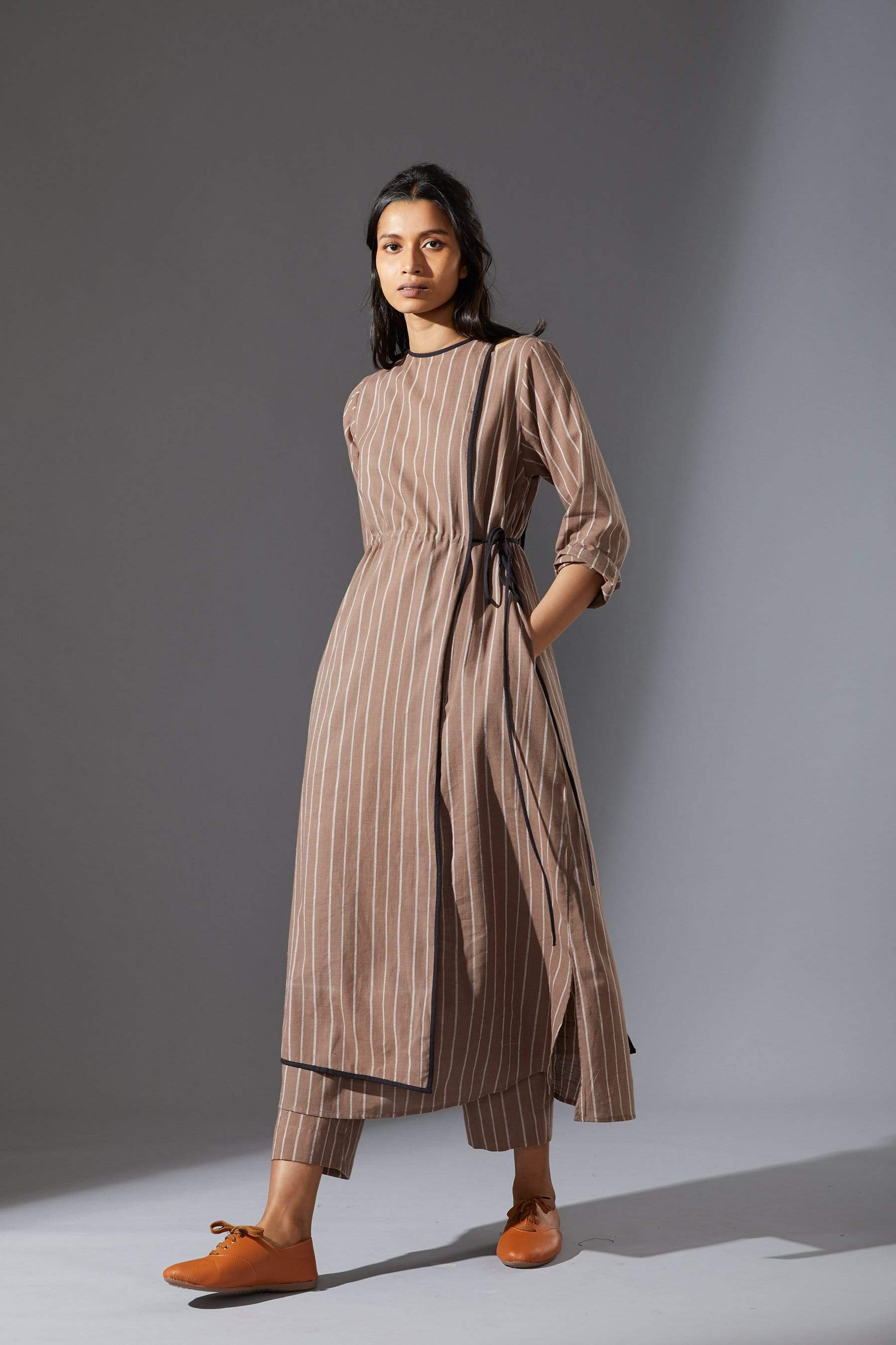 Handcrafted from Handwoven Organic Cotton Striped Beige Coord Set for Women by Sustainable Fashion Designer Clothing Label MATI