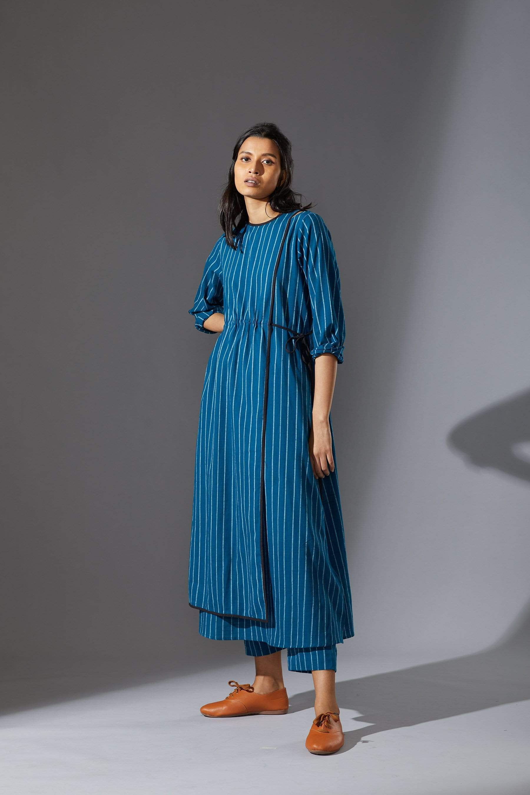 Handcrafted from Handwoven Organic Cotton, Striped Blue Overlap Tunic Coord Sets for Women by Sustainable Fashion Designer Clothing Label MATI