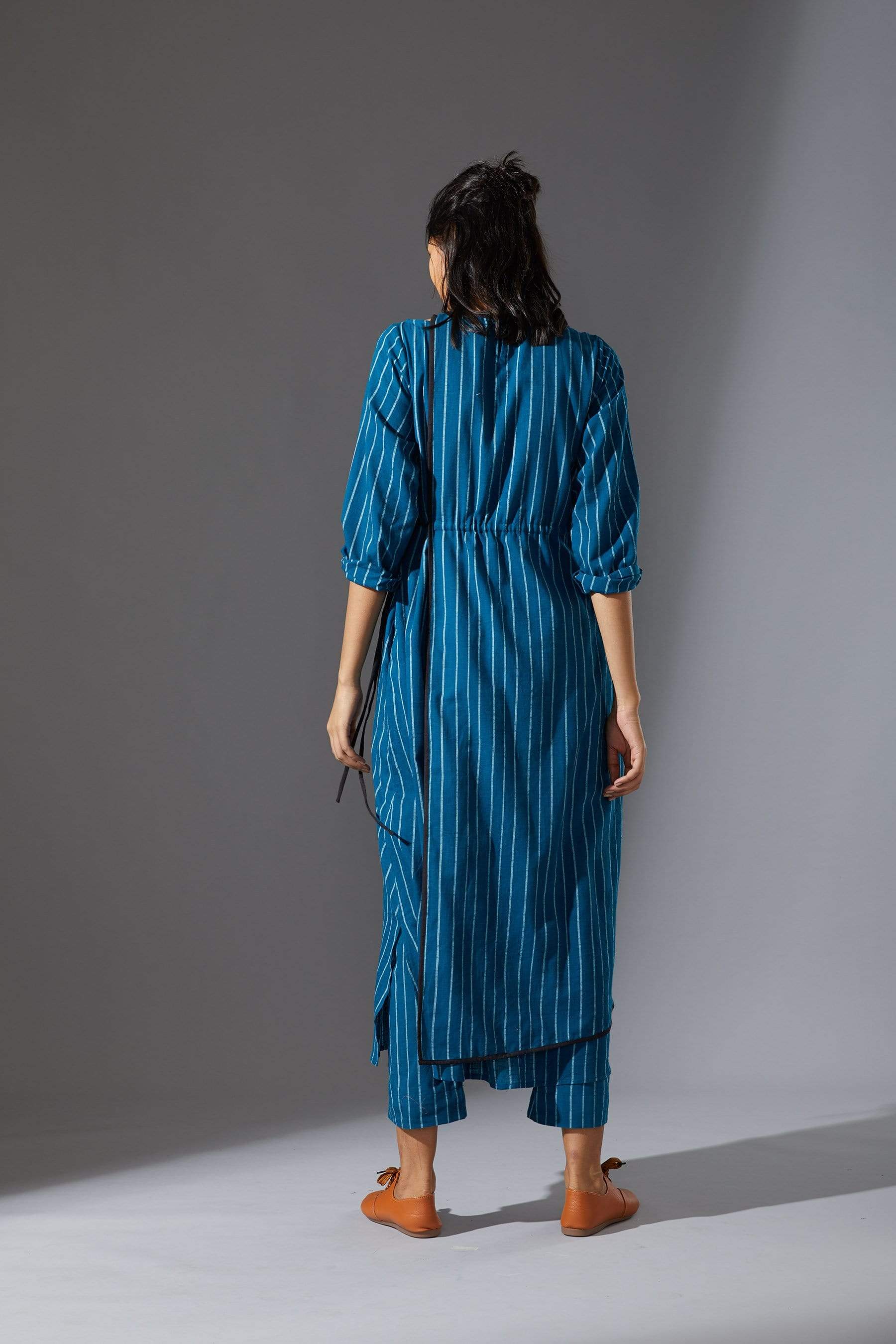 Handcrafted from Handwoven Organic Cotton, Striped Blue Overlap Tunic Coord Sets for Women by Sustainable Fashion Designer Clothing Label MATI