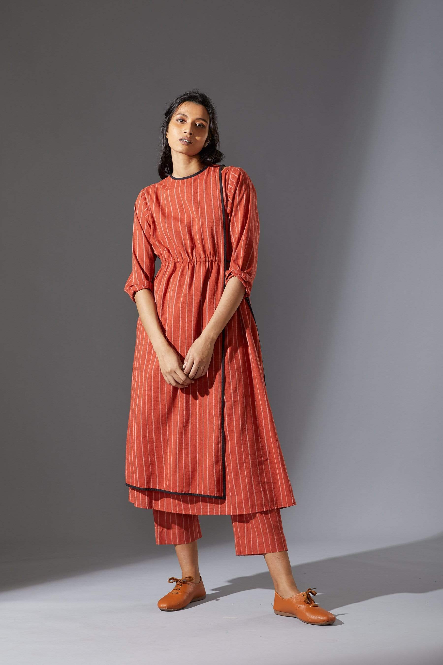 Handcrafted from Handwoven Organic Cotton, Striped Rust Coord Set for Women by Sustainable Fashion Designer Clothing Label MATI