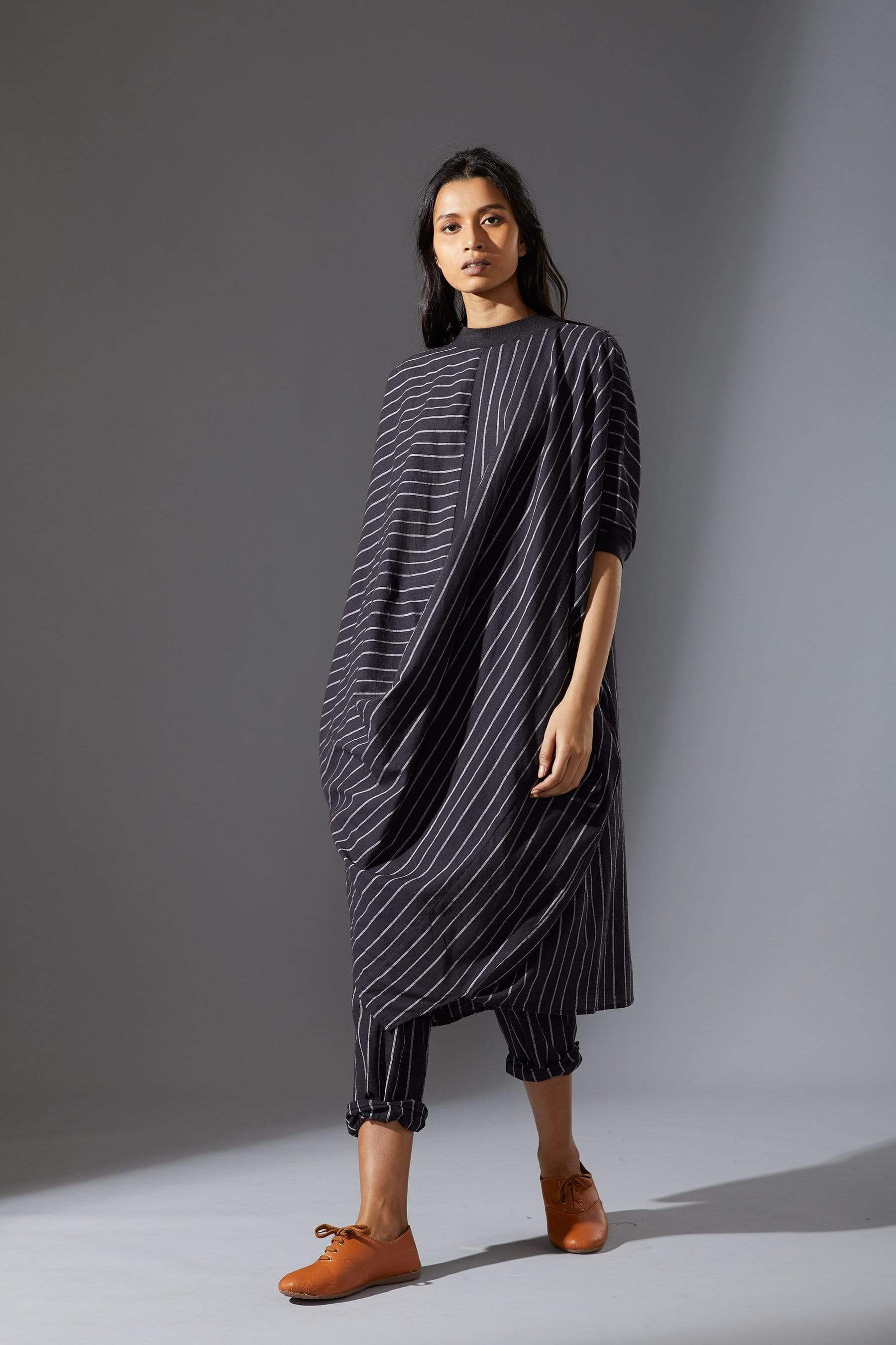 Handcrafted from Handwoven Organic Cotton, Striped Black Cowl Tunic Coord Sets for Women by Sustainable Fashion Designer Clothing Label MATI