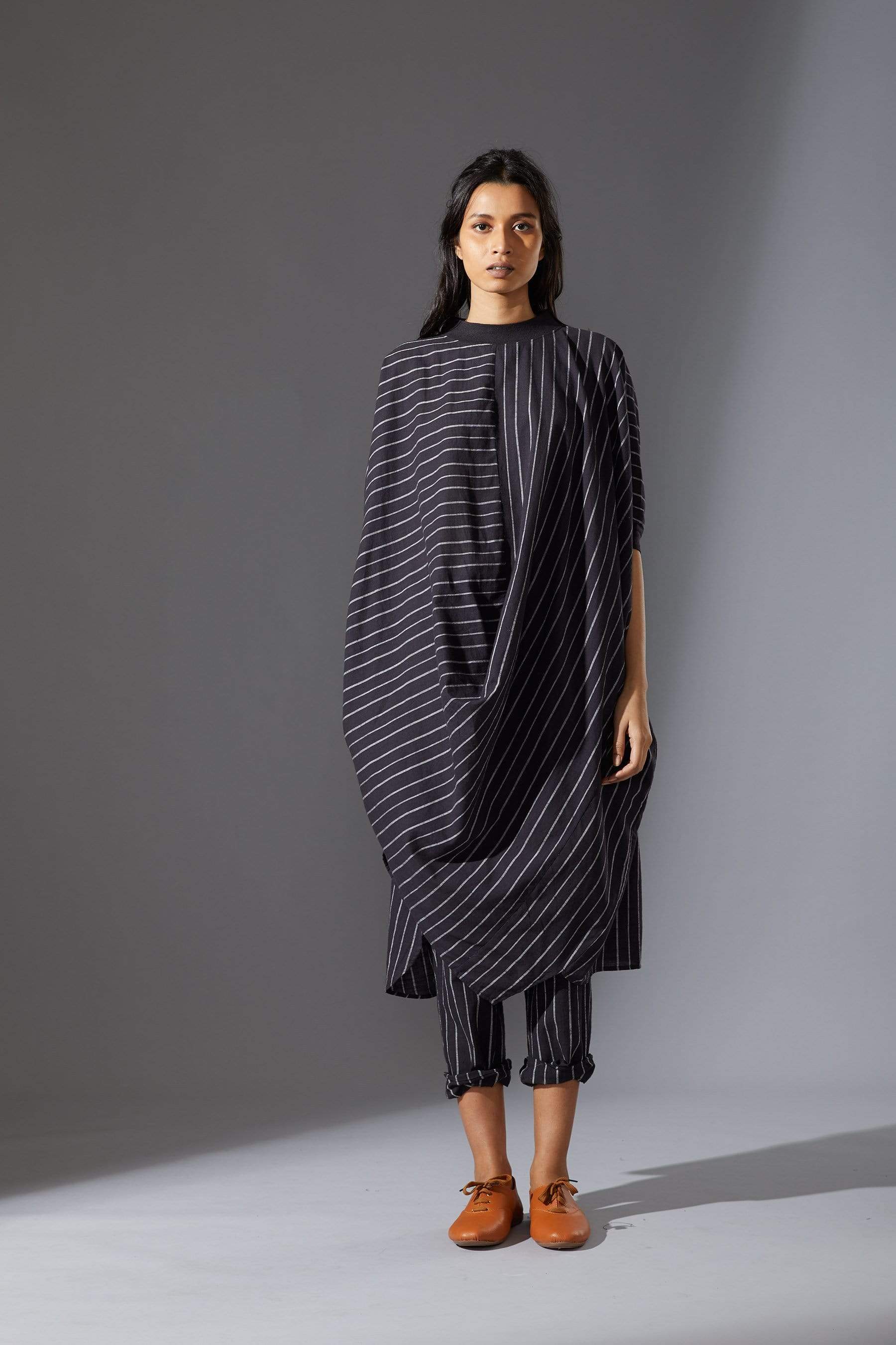 Handcrafted from Handwoven Organic Cotton, Striped Black Cowl Tunic Coord Sets for Women by Sustainable Fashion Designer Clothing Label MATI