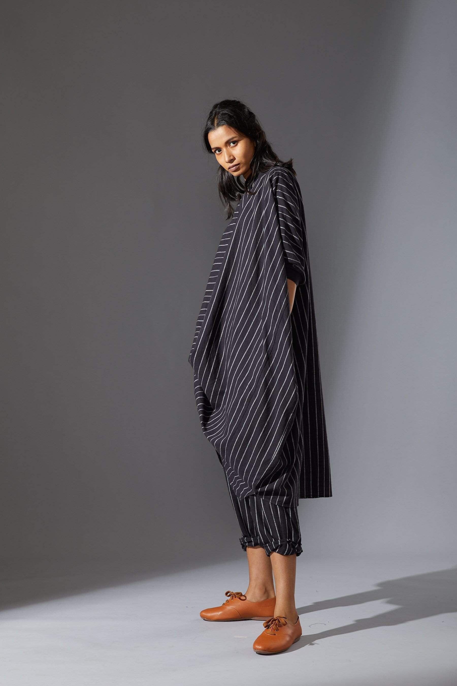 Handcrafted from Handwoven Organic Cotton, Striped Black Cowl Tunic Coord Sets for Women by Sustainable Fashion Designer Clothing Label MATI