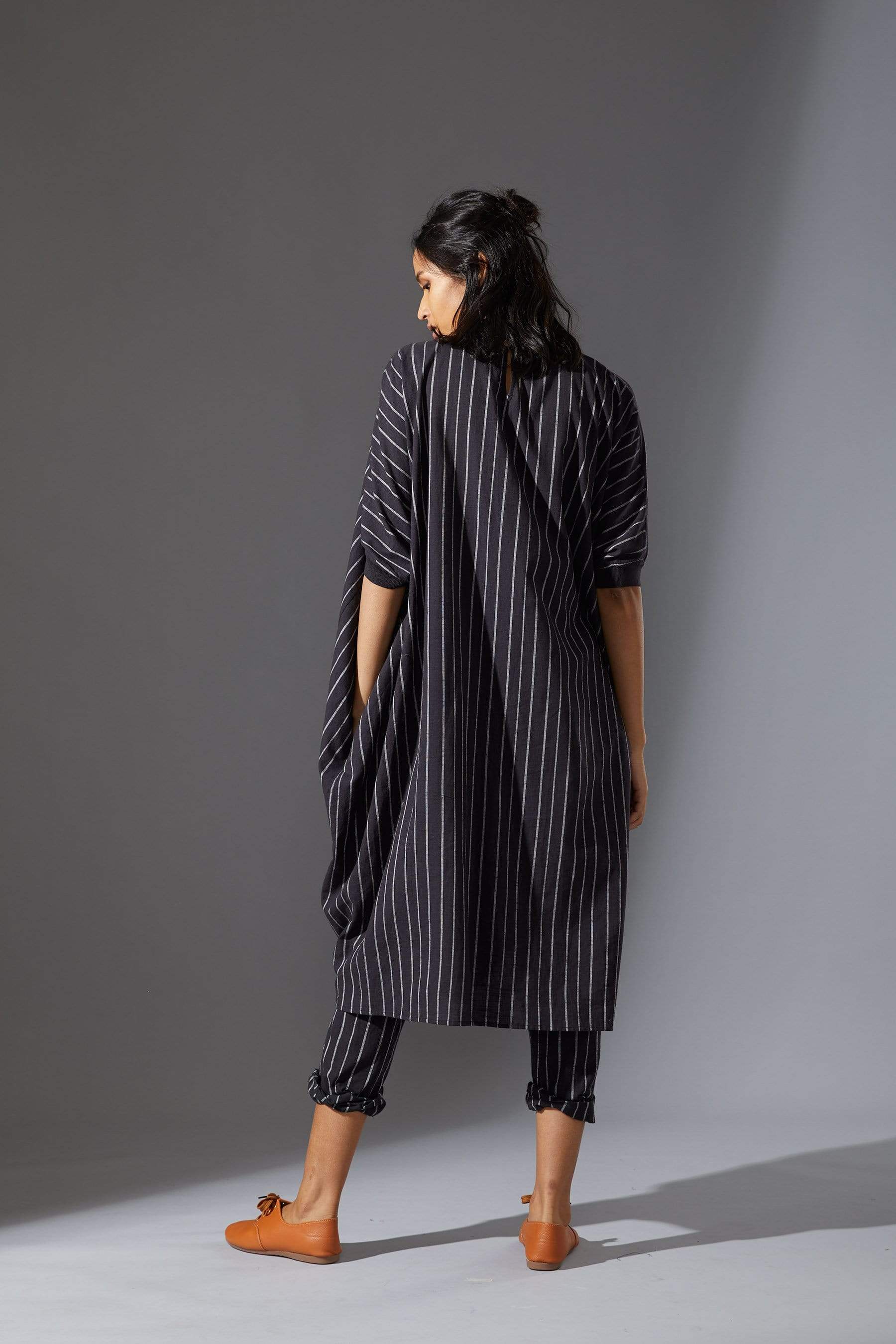 Handcrafted from Handwoven Organic Cotton, Striped Black Cowl Tunic Coord Sets for Women by Sustainable Fashion Designer Clothing Label MATI