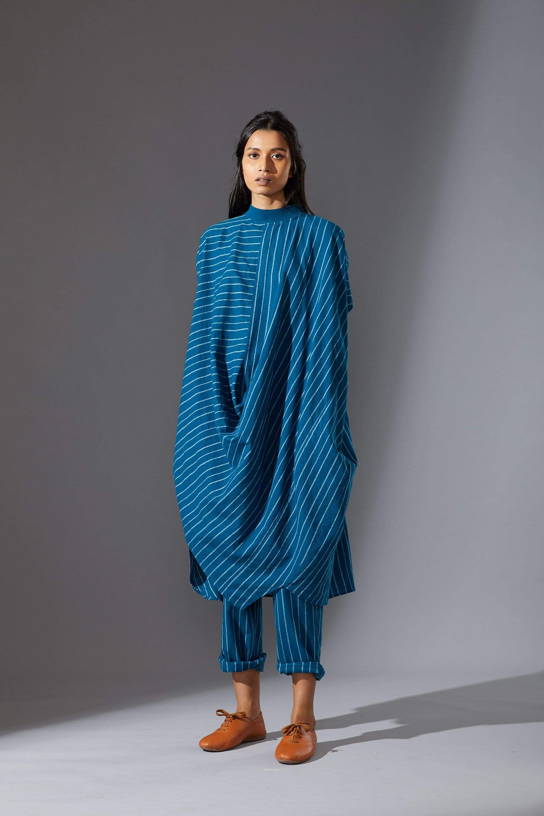 Handcrafted from Handwoven Organic Cotton, Striped Blue Cowl Tunic Coord Sets for Women by Sustainable Fashion Designer Clothing Label MATI