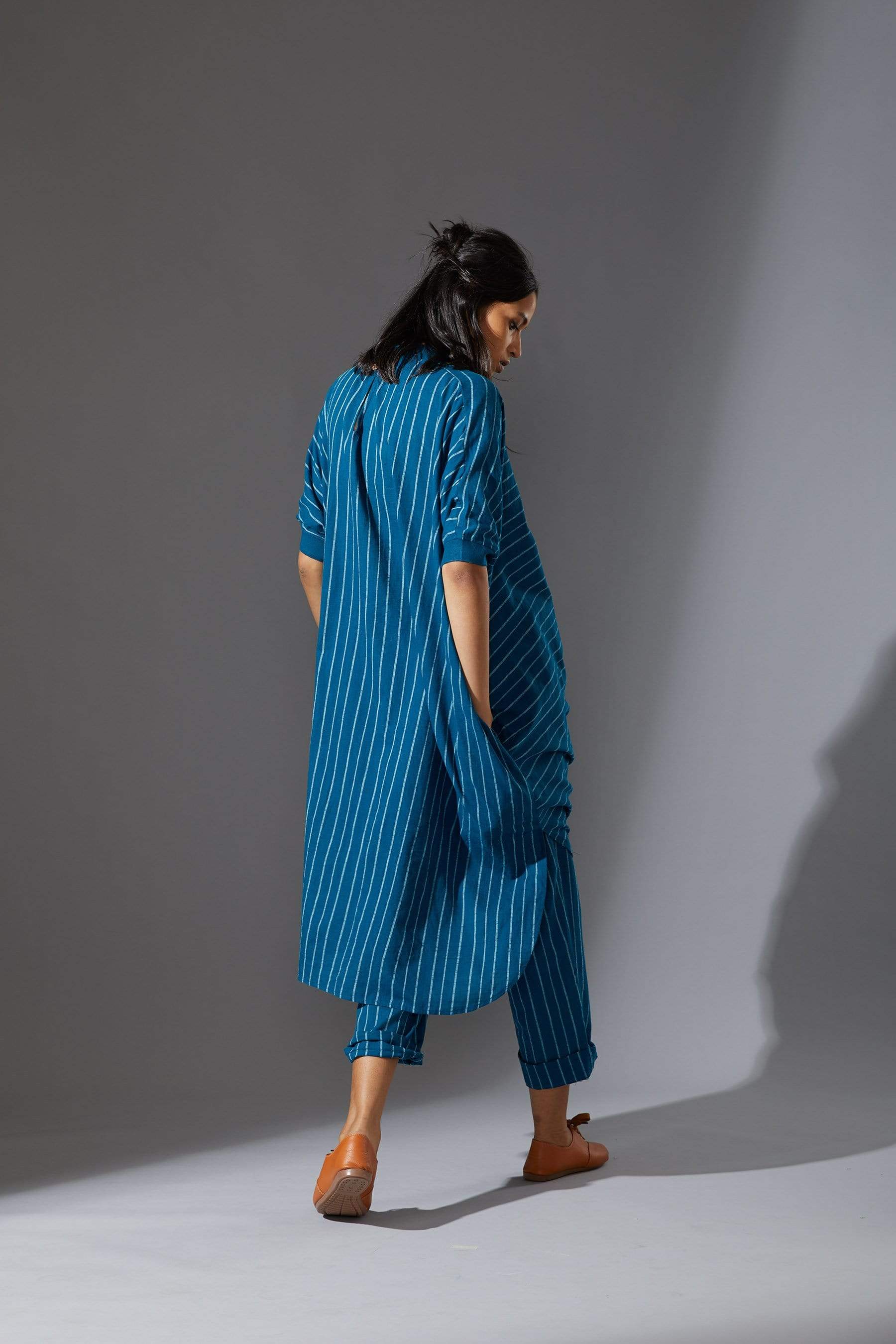 Handcrafted from Handwoven Organic Cotton, Striped Blue Cowl Tunic Coord Sets for Women by Sustainable Fashion Designer Clothing Label MATI
