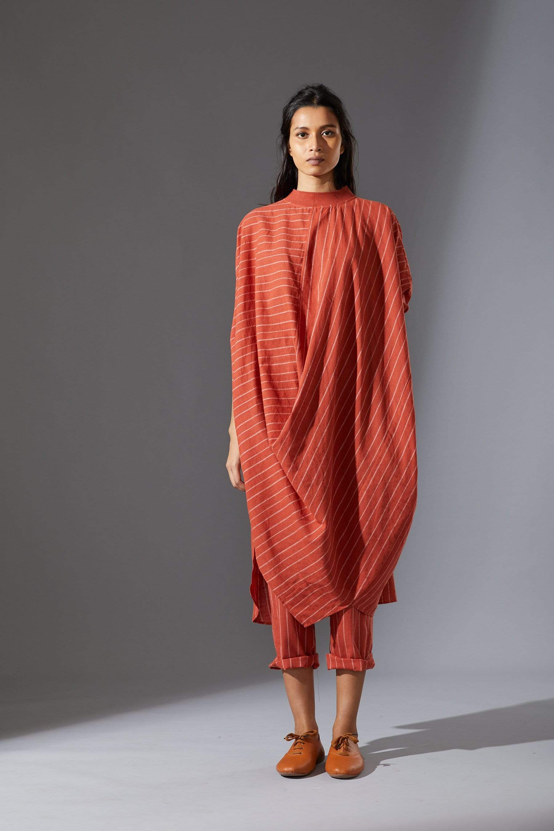 Handcrafted from Handwoven Organic Cotton, Striped Rust Tunic Coord Sets for Women by Sustainable Fashion Designer Clothing Label MATI