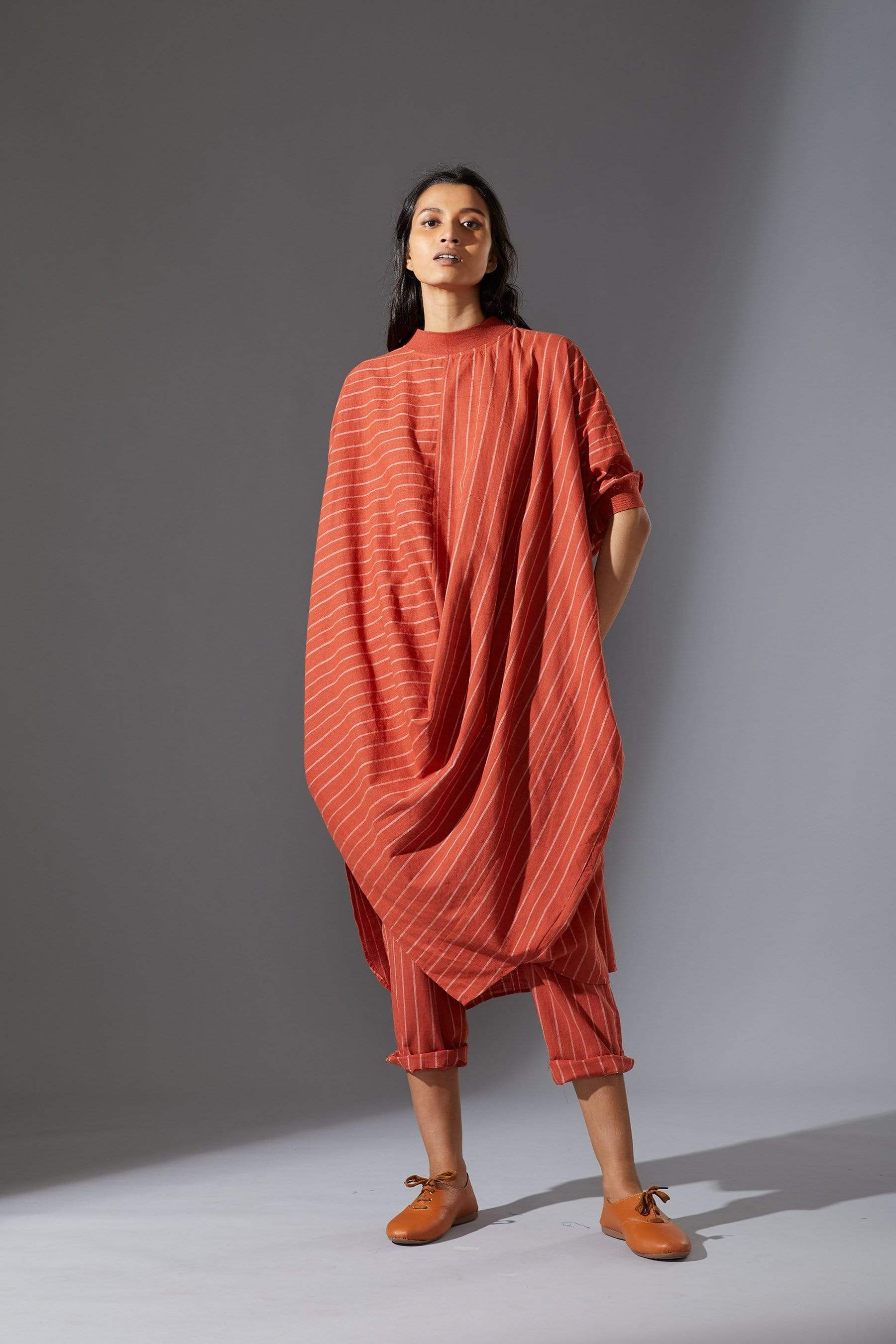 Handcrafted from Handwoven Organic Cotton, Striped Rust Tunic Coord Sets for Women by Sustainable Fashion Designer Clothing Label MATI