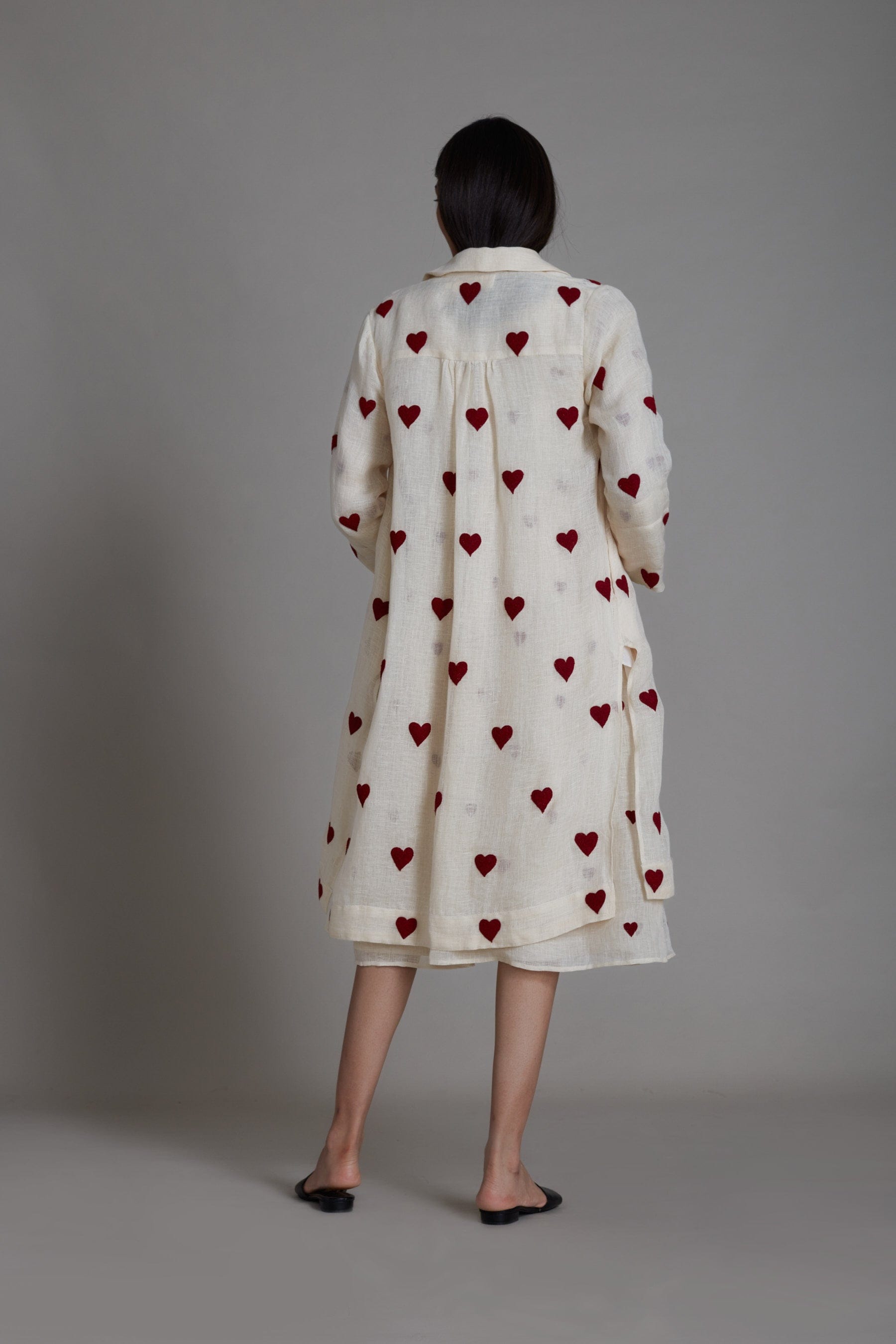 Handmade Pure Linen Offwhite Dress & Jacket Set with Thread Embroidery by Sustainable Clothing Label MATI