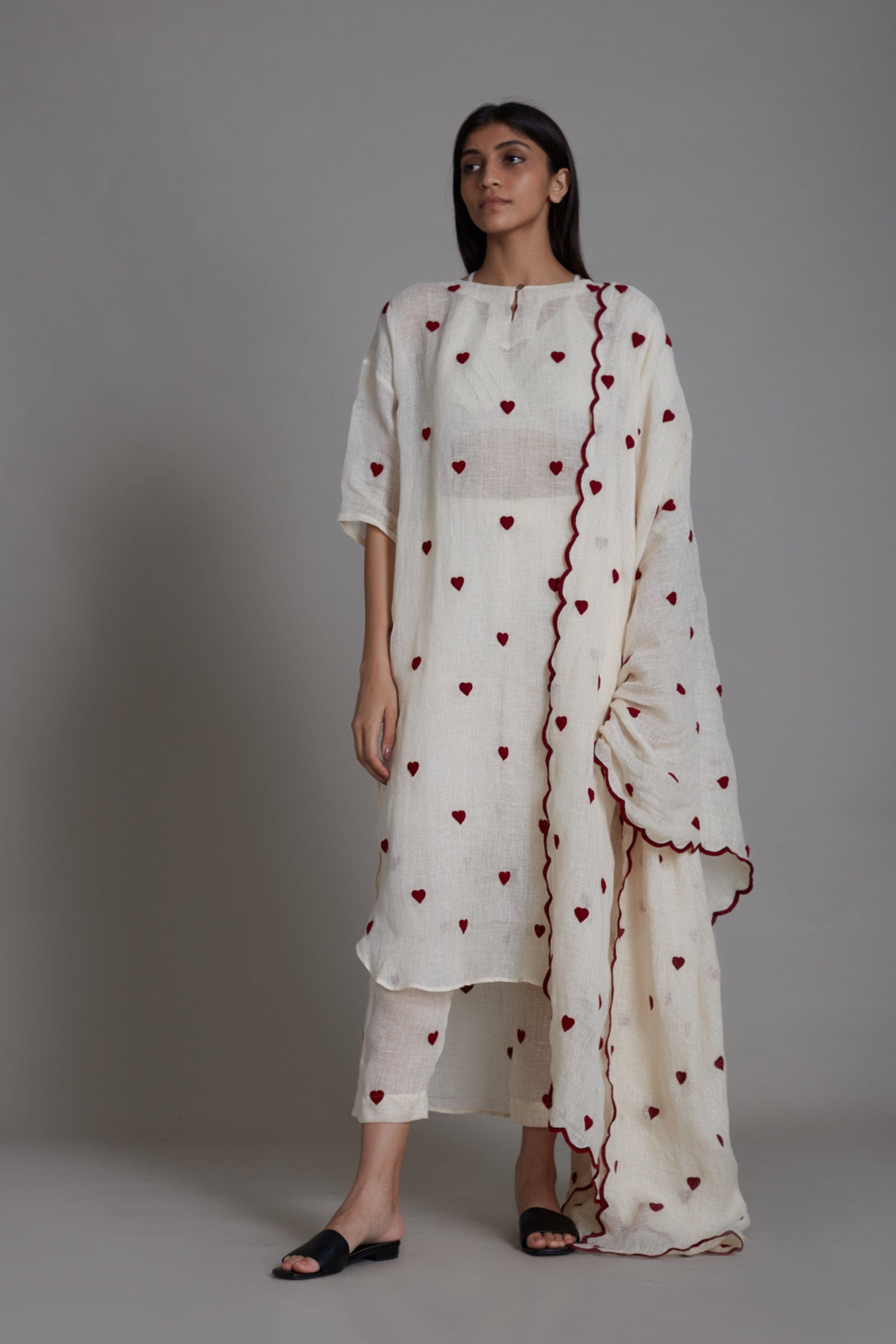 Pure Linen coord set in Offwhite with Embroidered Motifs by Sustainable Clothing Label MATI