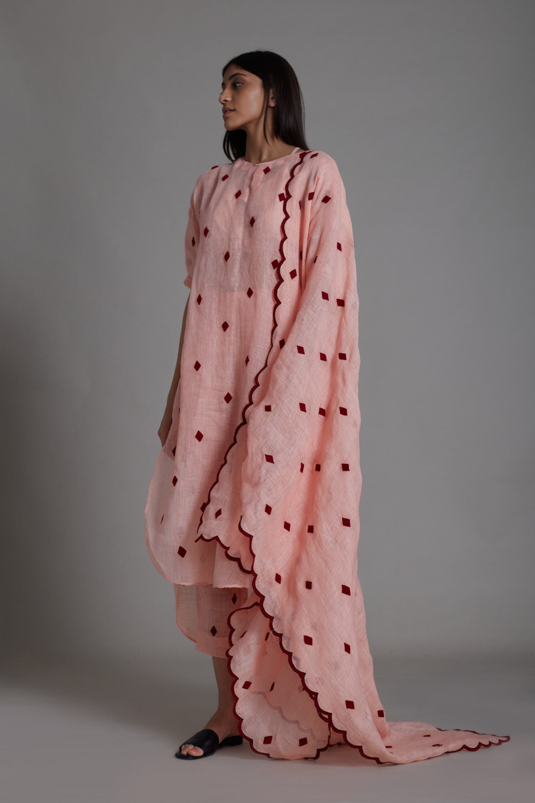 Pink Linen Coord Set with embroidery and scallop detailing by Sustainable Clothing Label MATI