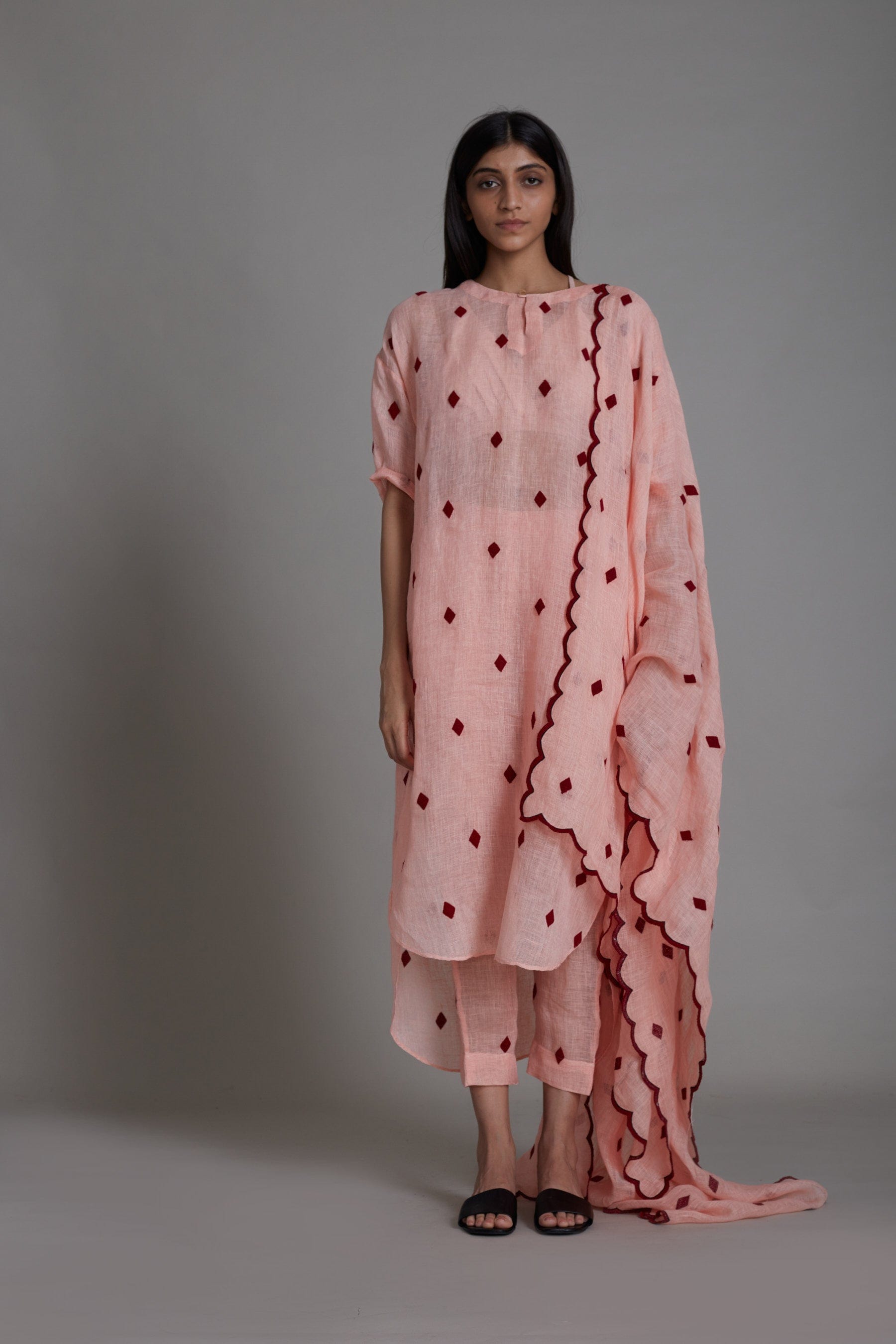 Pink Linen Coord Set with embroidery and scallop detailing by Sustainable Clothing Label MATI