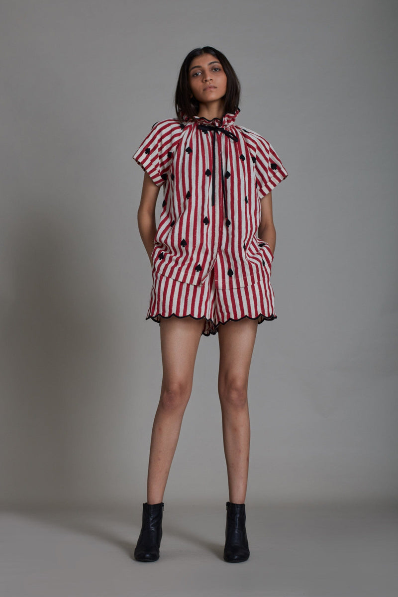 Mati SEPERATES STRIPE TORA SHIRT AND SCALLOP SHORTS SET - RED WITH BLACK HEART (SET OF 2)