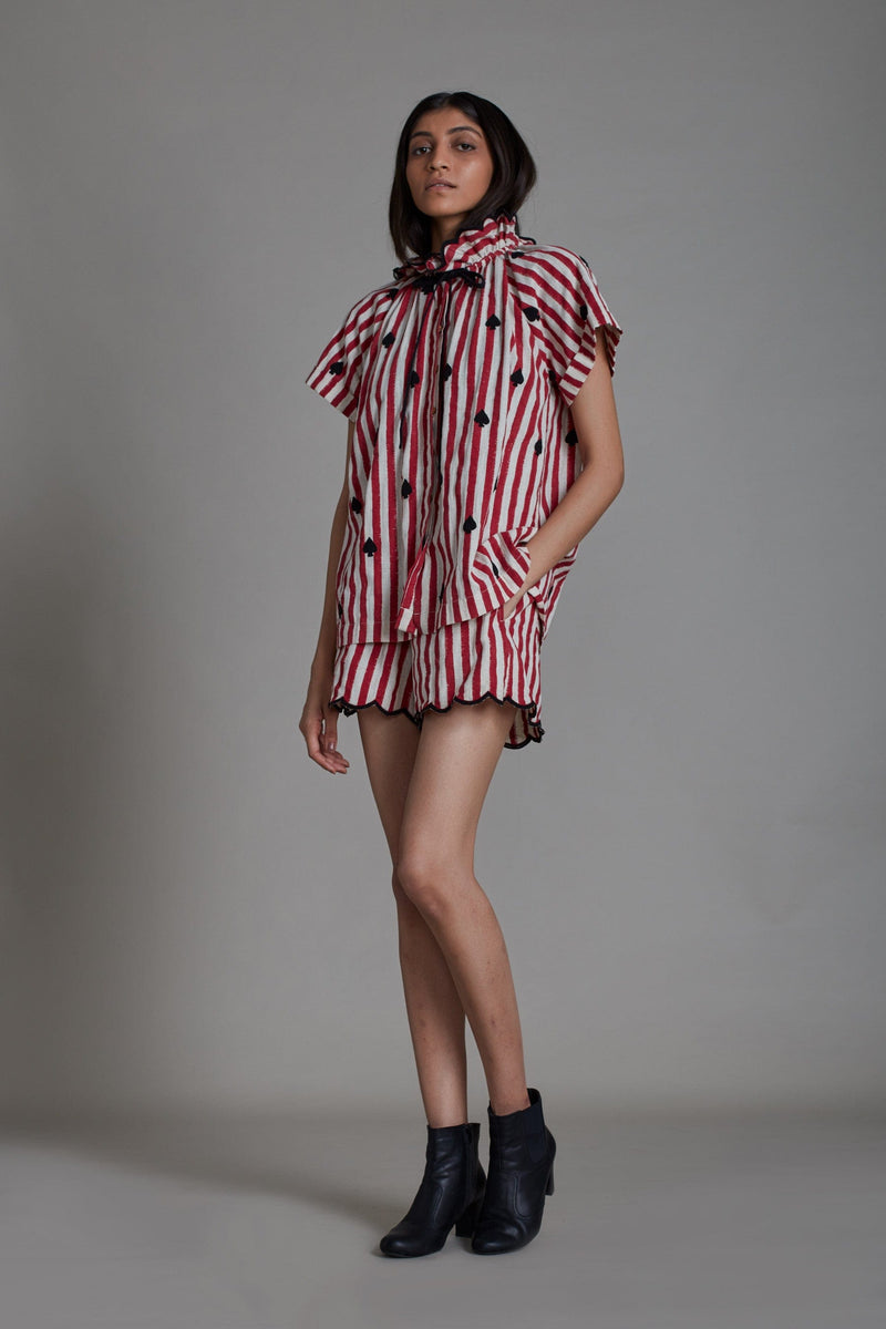 Mati SEPERATES STRIPE TORA SHIRT AND SCALLOP SHORTS SET - RED WITH BLACK HEART (SET OF 2)