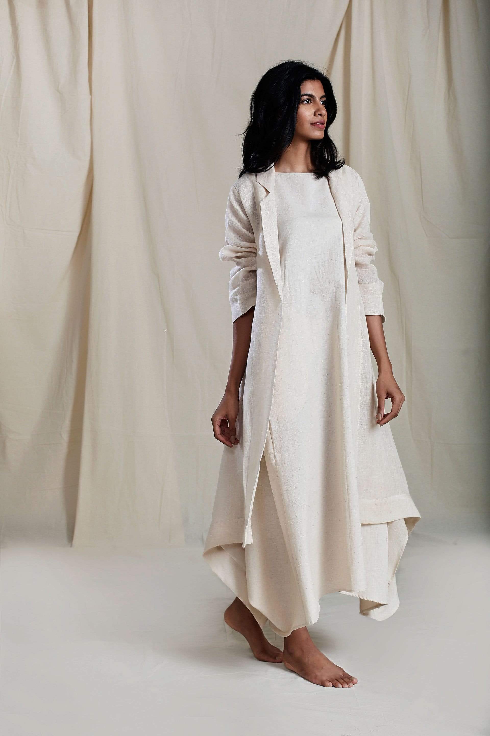 Handcrafted from Handwoven Organic Cotton, Offwhite Dress & Jacket Coord Set for Women by Sustainable Fashion Designer Clothing Label MATI