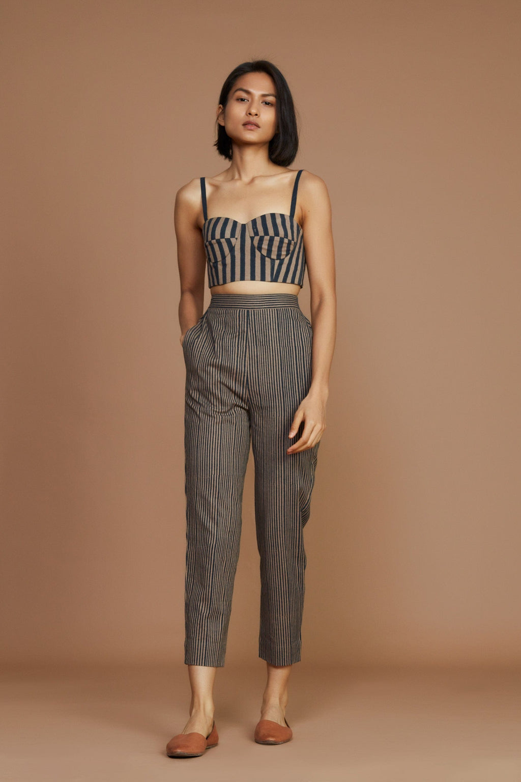 Mati Shirts & Tops Brown with Charcoal Striped Corset