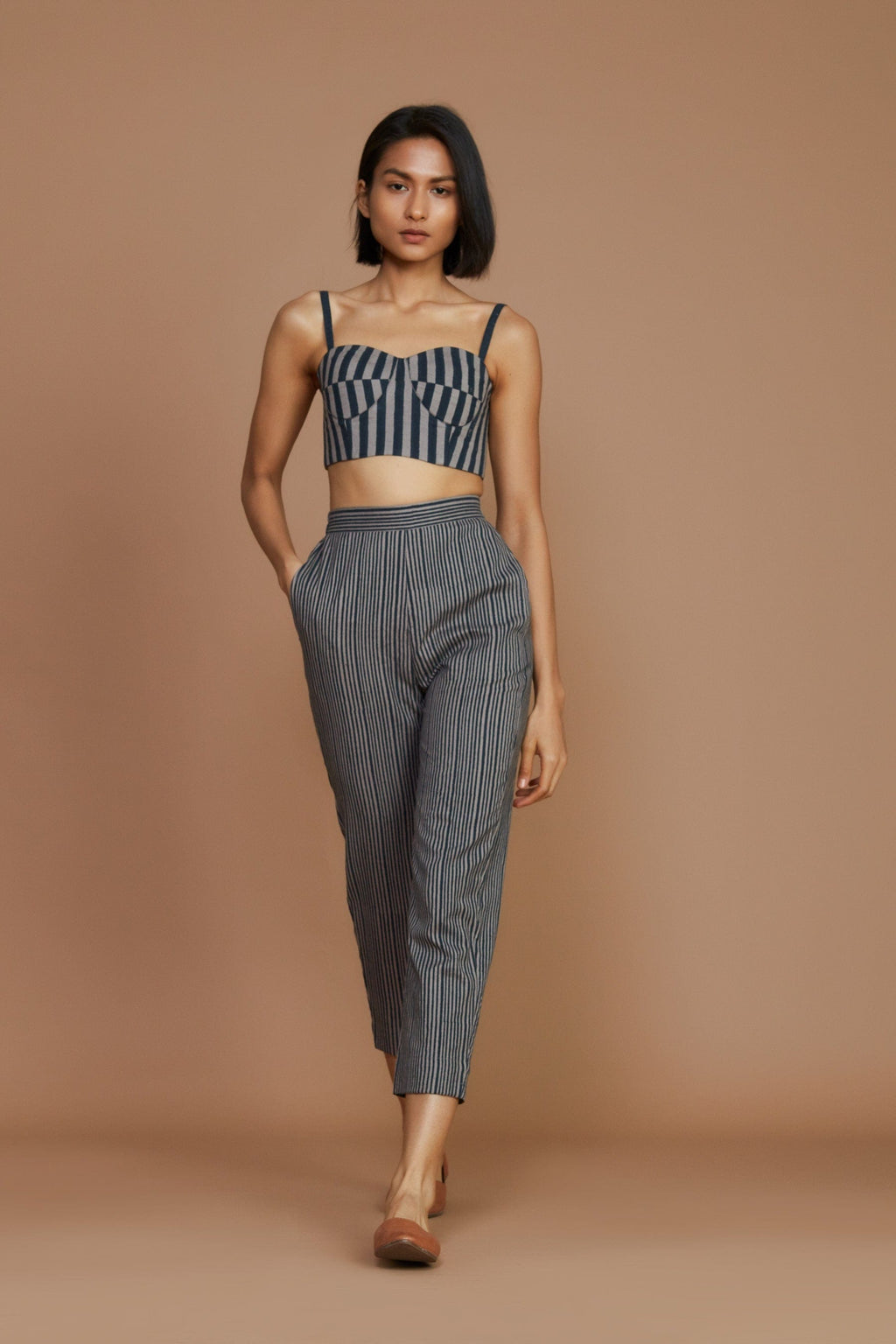 Mati Shirts & Tops Grey with Charcoal Striped Corset